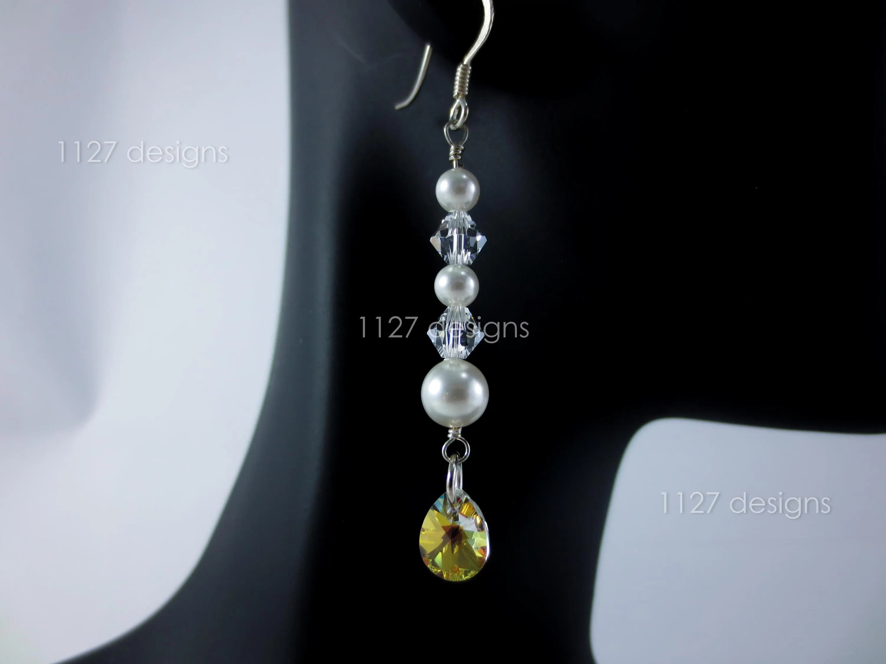 Swarovski Cream Pearl & Crystal Drop Earrings • 925 Sterling Silver • 5.5cm AB Teardrop Dangle • 1127 Designs