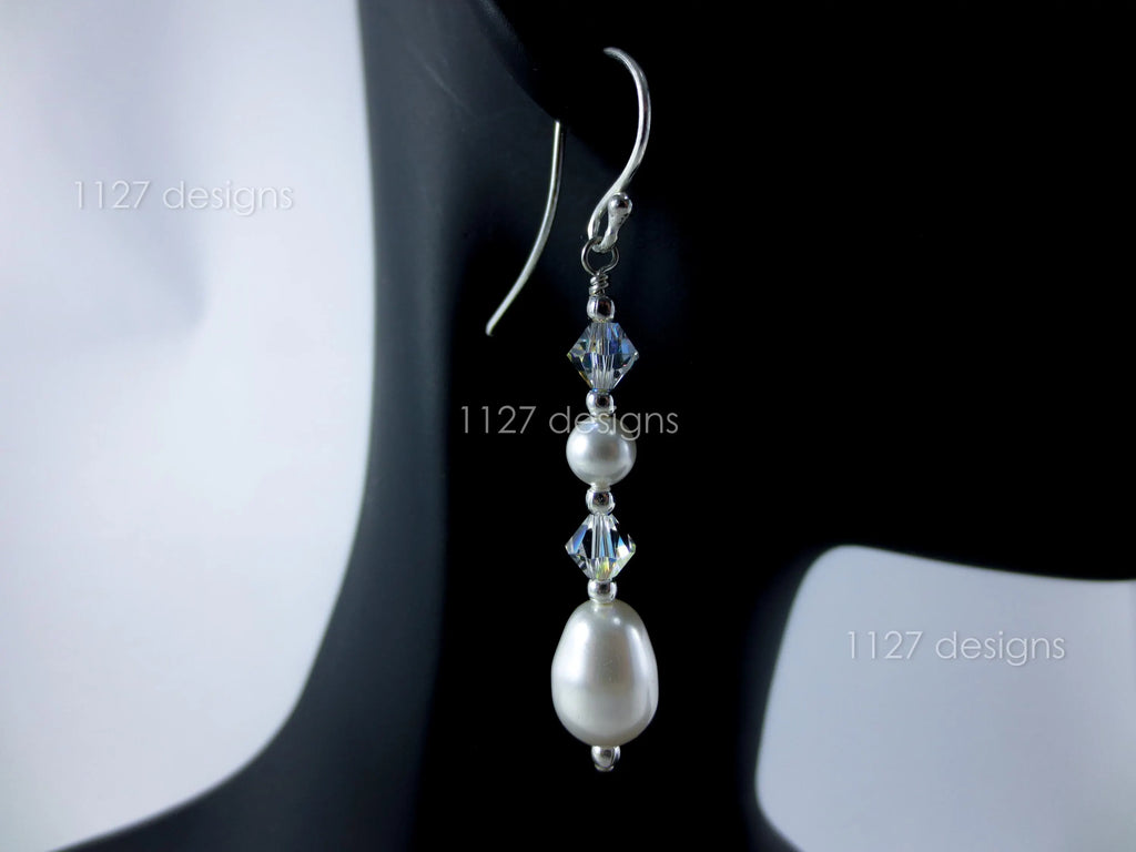 Swarovski Pearl & AB Crystal Drop Earrings • 925 Sterling Silver • 5.5cm Handmade Bridal Style • 1127 Designs