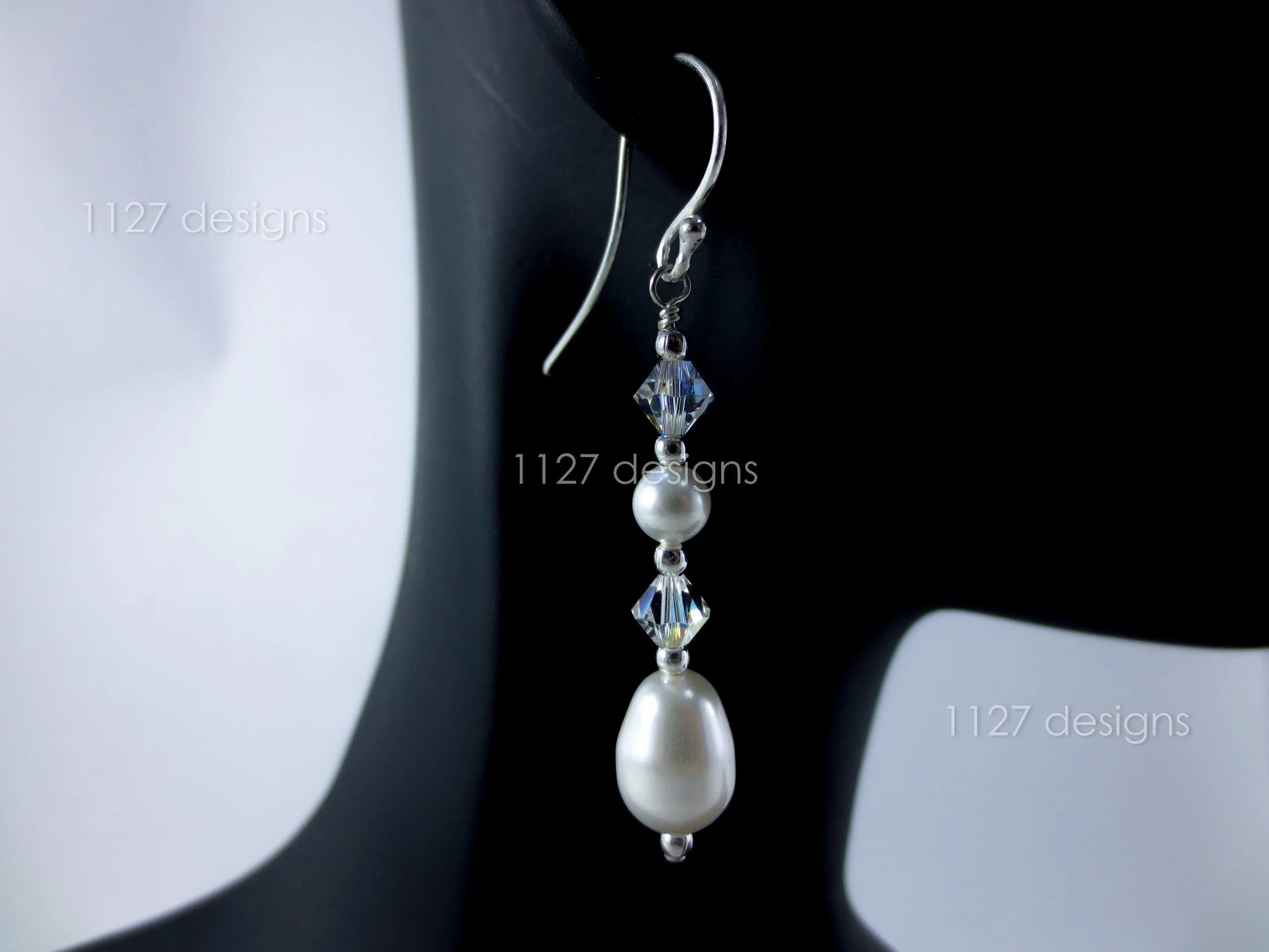 Swarovski Pearl & AB Crystal Drop Earrings • 925 Sterling Silver • 5.5cm Handmade Bridal Style • 1127 Designs