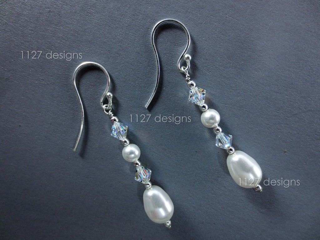 Swarovski Pearl & AB Crystal Drop Earrings • 925 Sterling Silver • 5.5cm Handmade Bridal Style • 1127 Designs