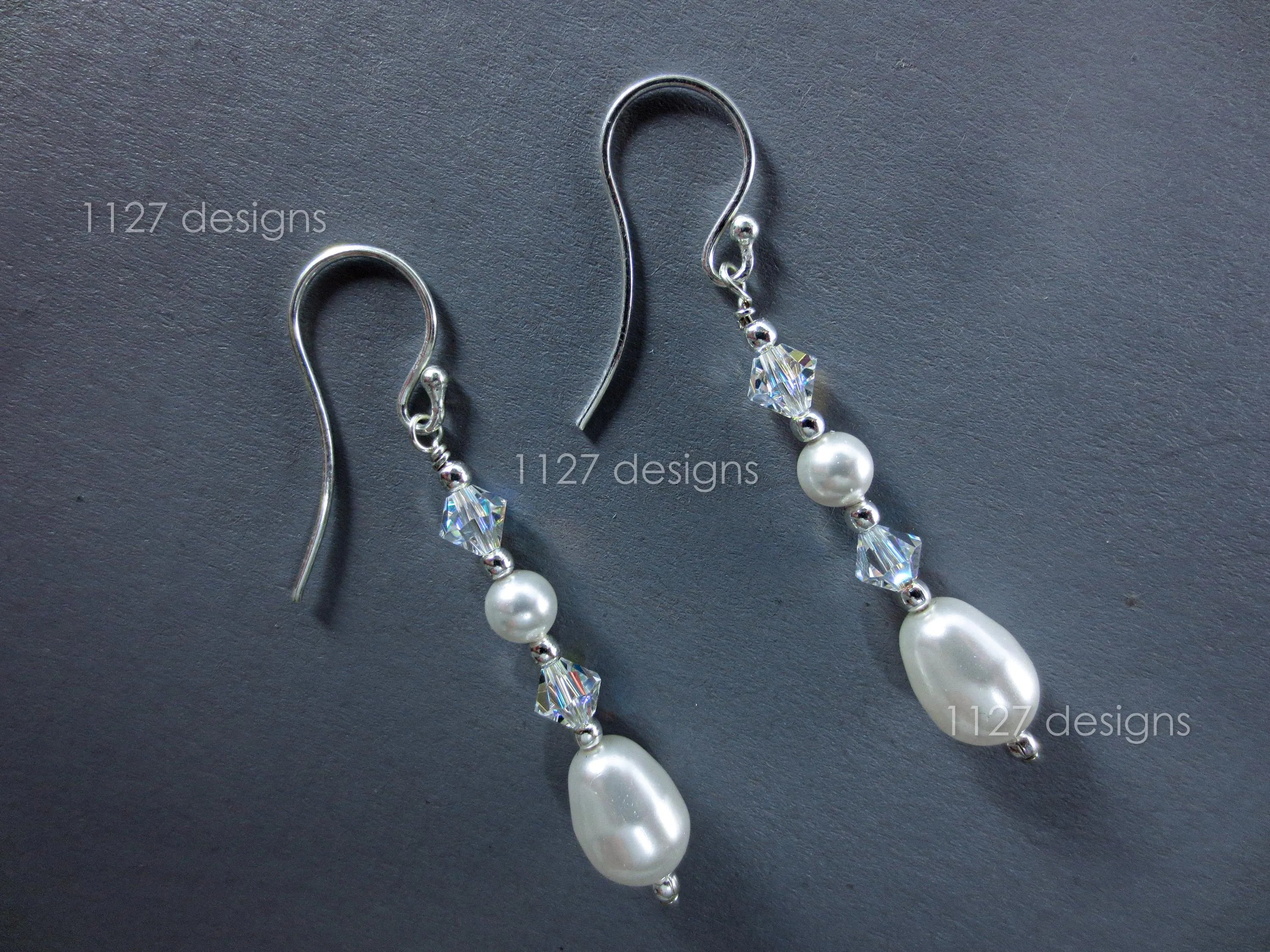Swarovski Pearl & AB Crystal Drop Earrings • 925 Sterling Silver • 5.5cm Handmade Bridal Style • 1127 Designs