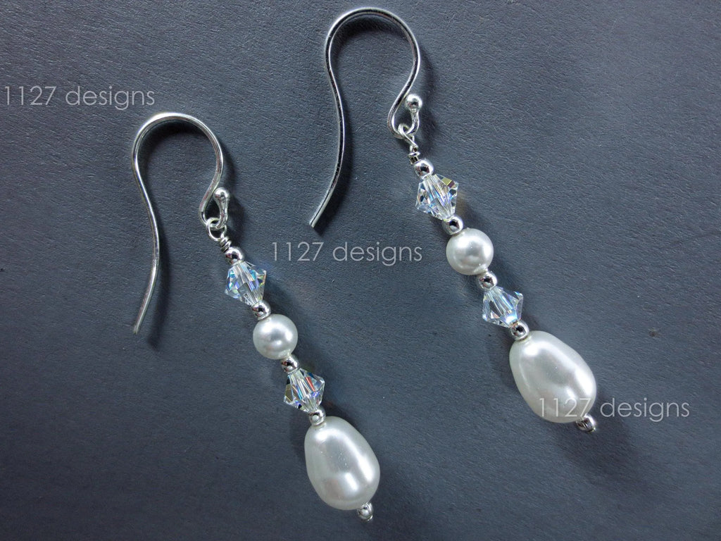 Swarovski Pearl & AB Crystal Drop Earrings • 925 Sterling Silver • 5.5cm Handmade Bridal Style • 1127 Designs