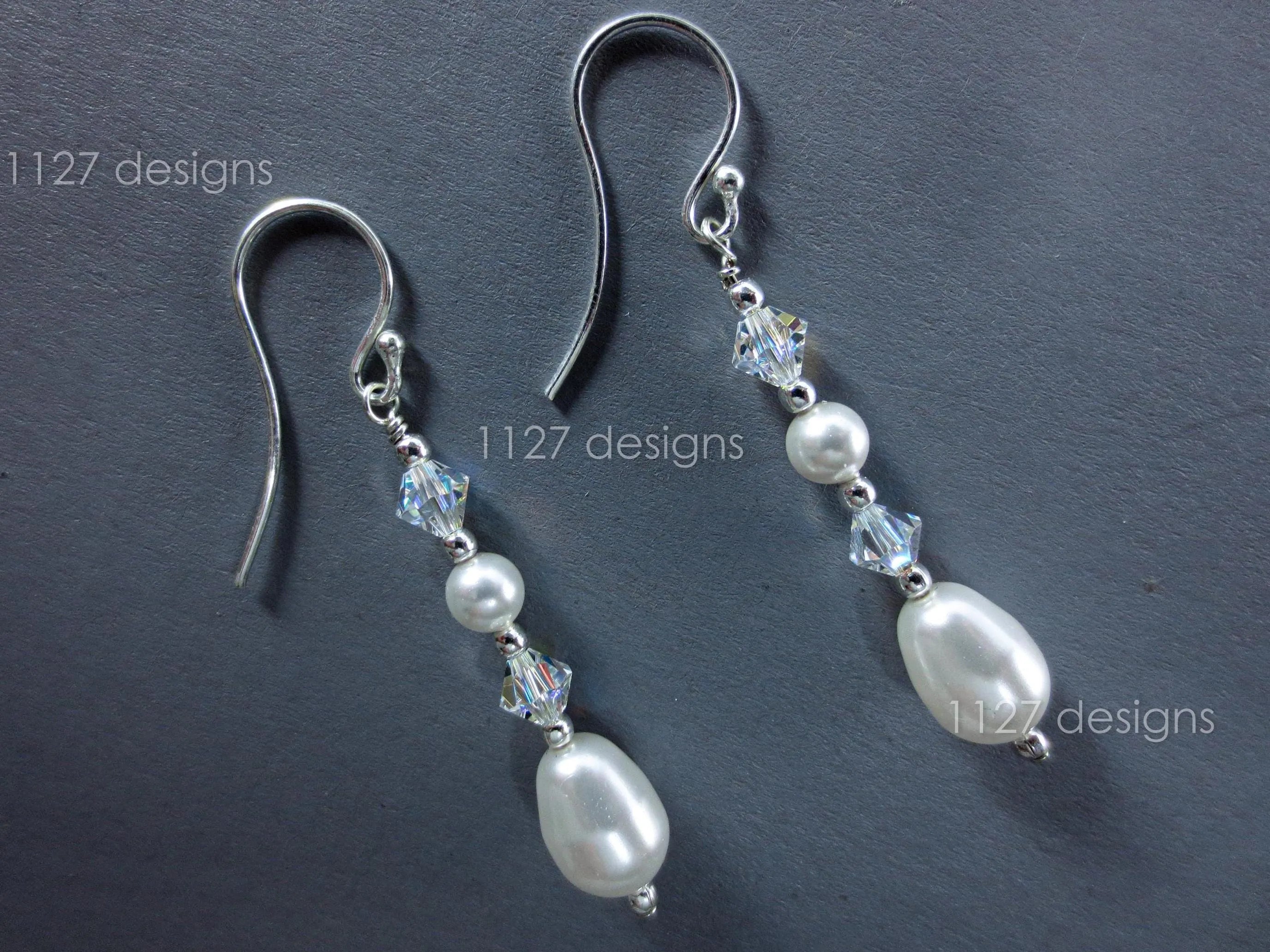 Swarovski Pearl & AB Crystal Drop Earrings • 925 Sterling Silver • 5.5cm Handmade Bridal Style • 1127 Designs