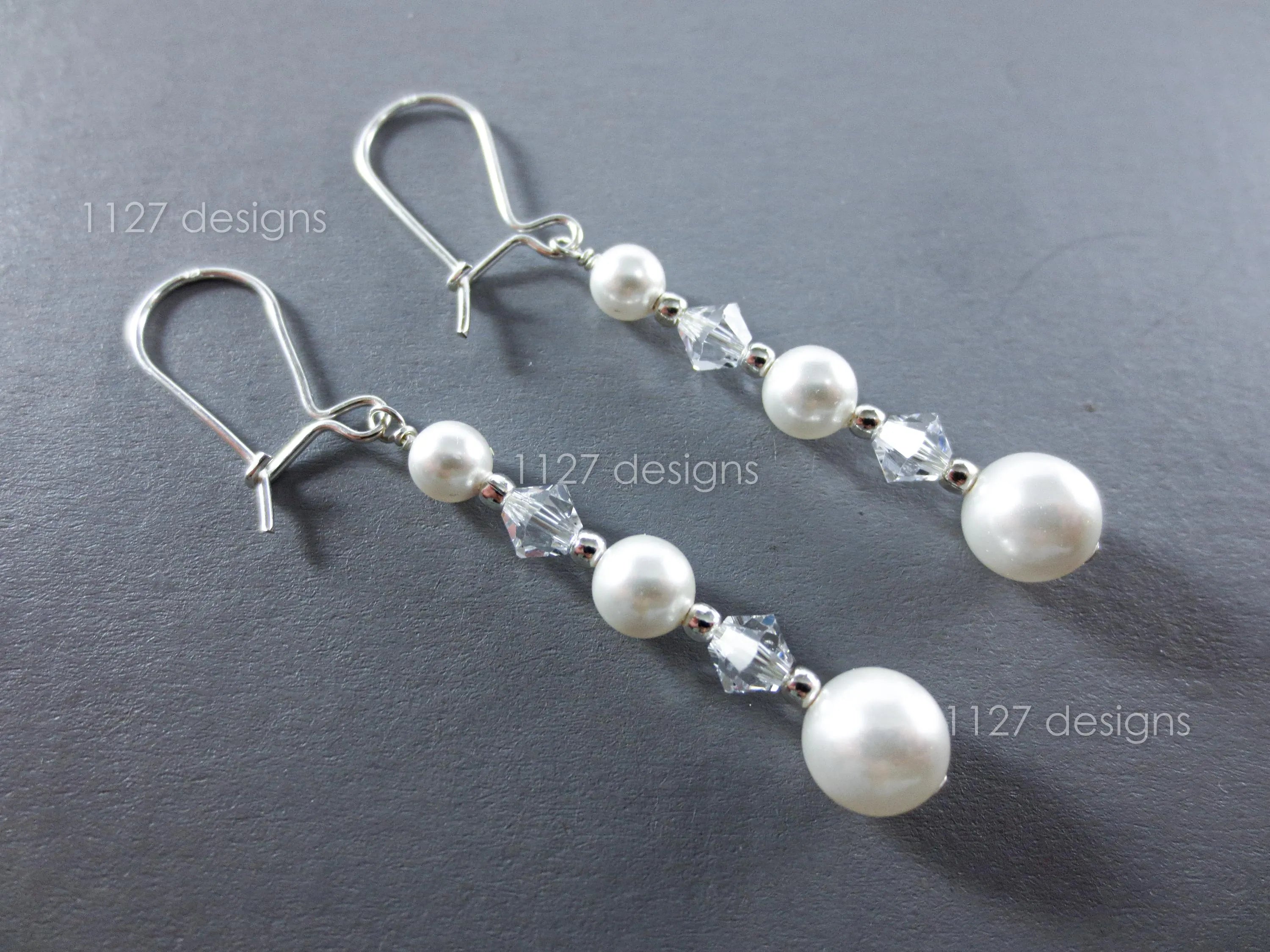 Swarovski White Pearl & Crystal Drop Earrings • 925 Sterling Silver • 6cm Dangle • 1127 Designs