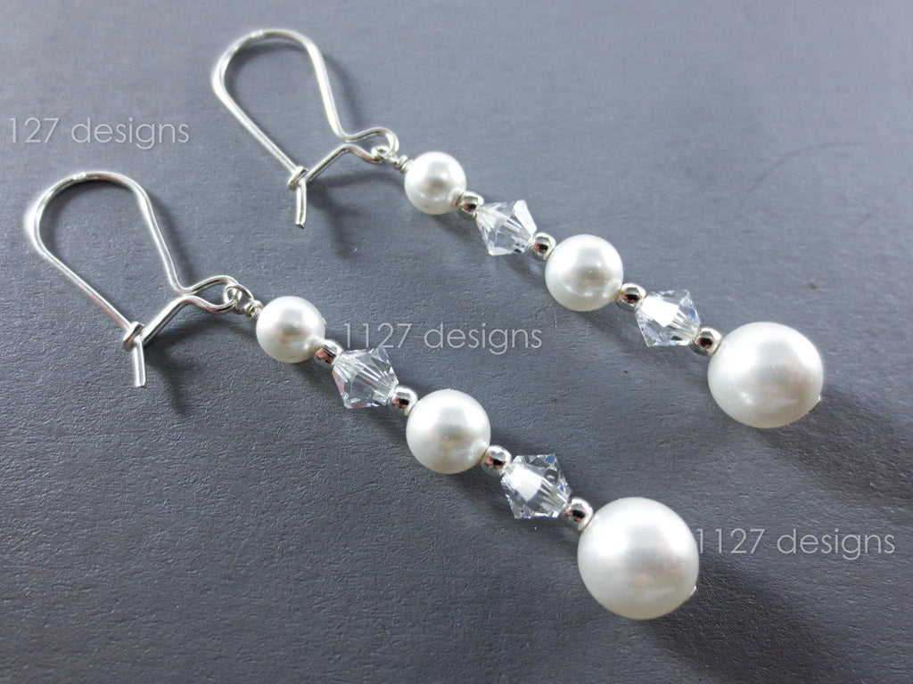 Swarovski White Pearl & Crystal Drop Earrings • 925 Sterling Silver • 6cm Dangle • 1127 Designs