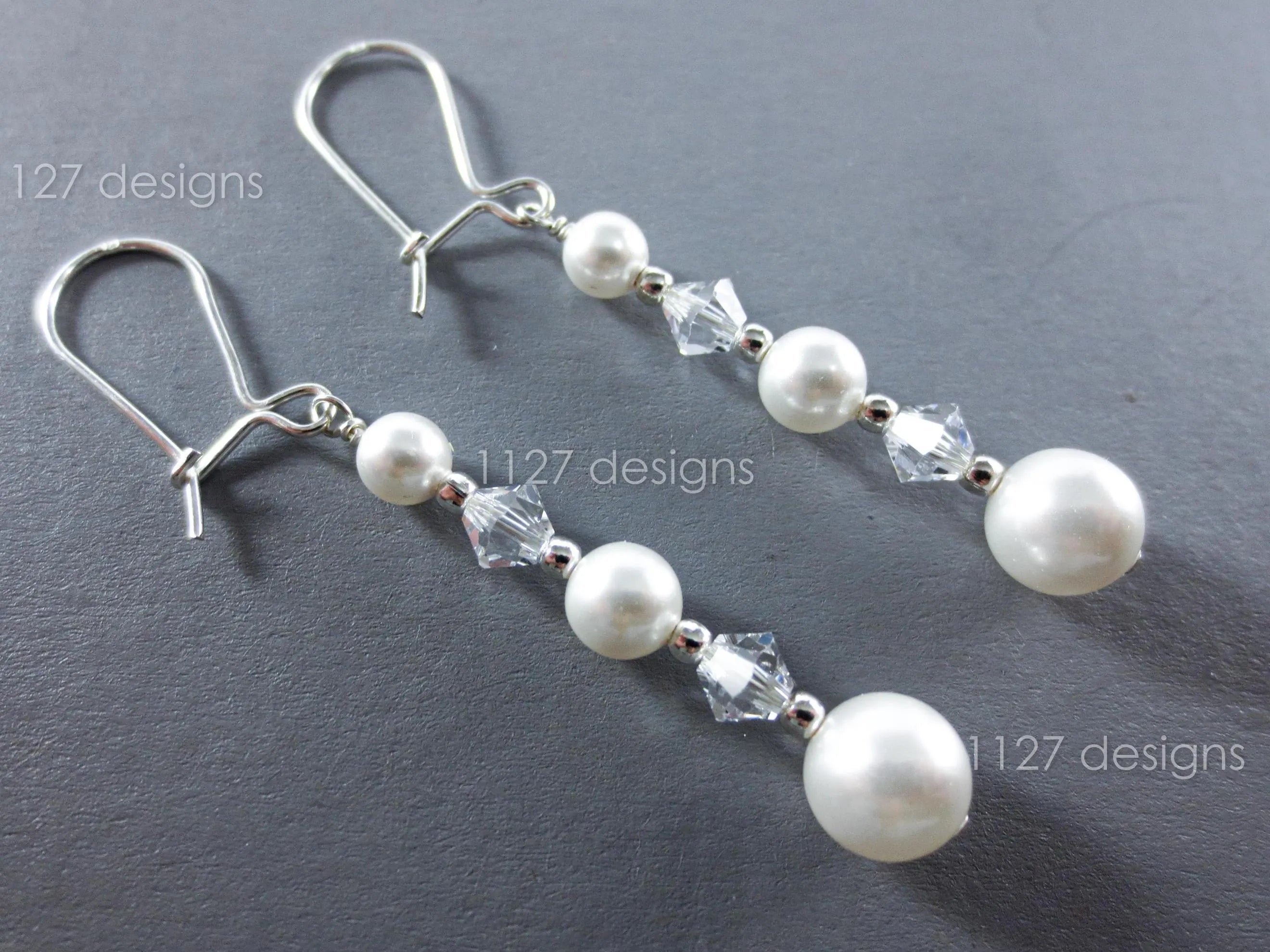 Swarovski White Pearl & Crystal Drop Earrings • 925 Sterling Silver • 6cm Dangle • 1127 Designs
