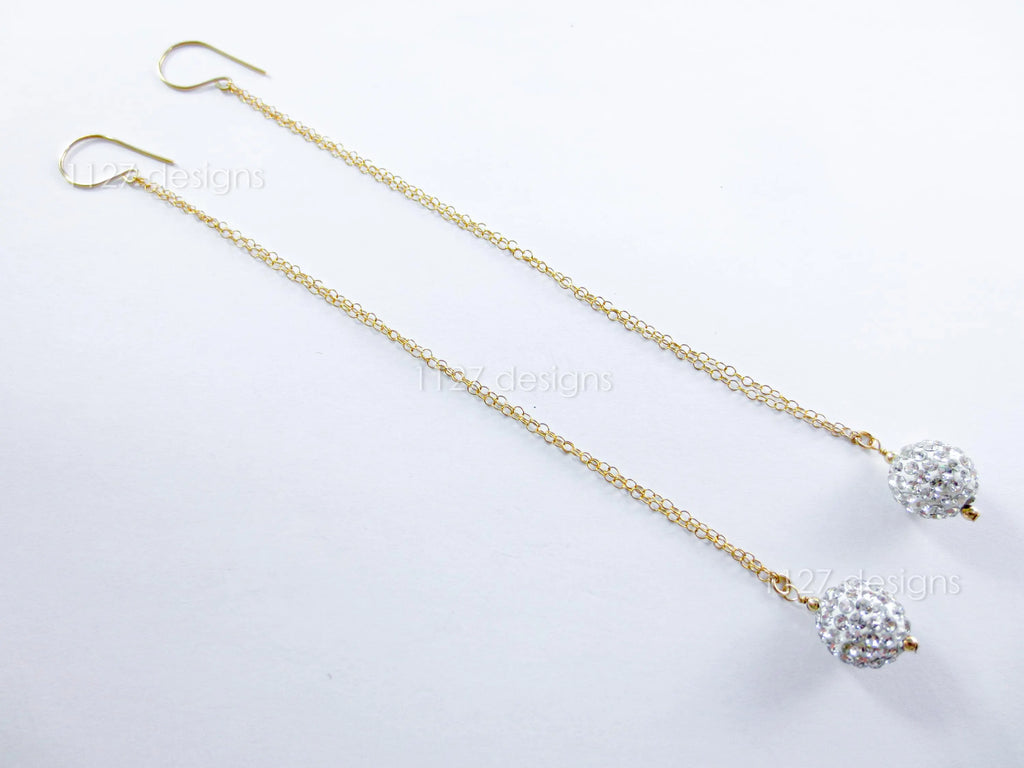 14K Gold Filled Extra Long Earrings • 5.5" Double Chain • Pave Crystal Ball Dangle • 1127 Designs