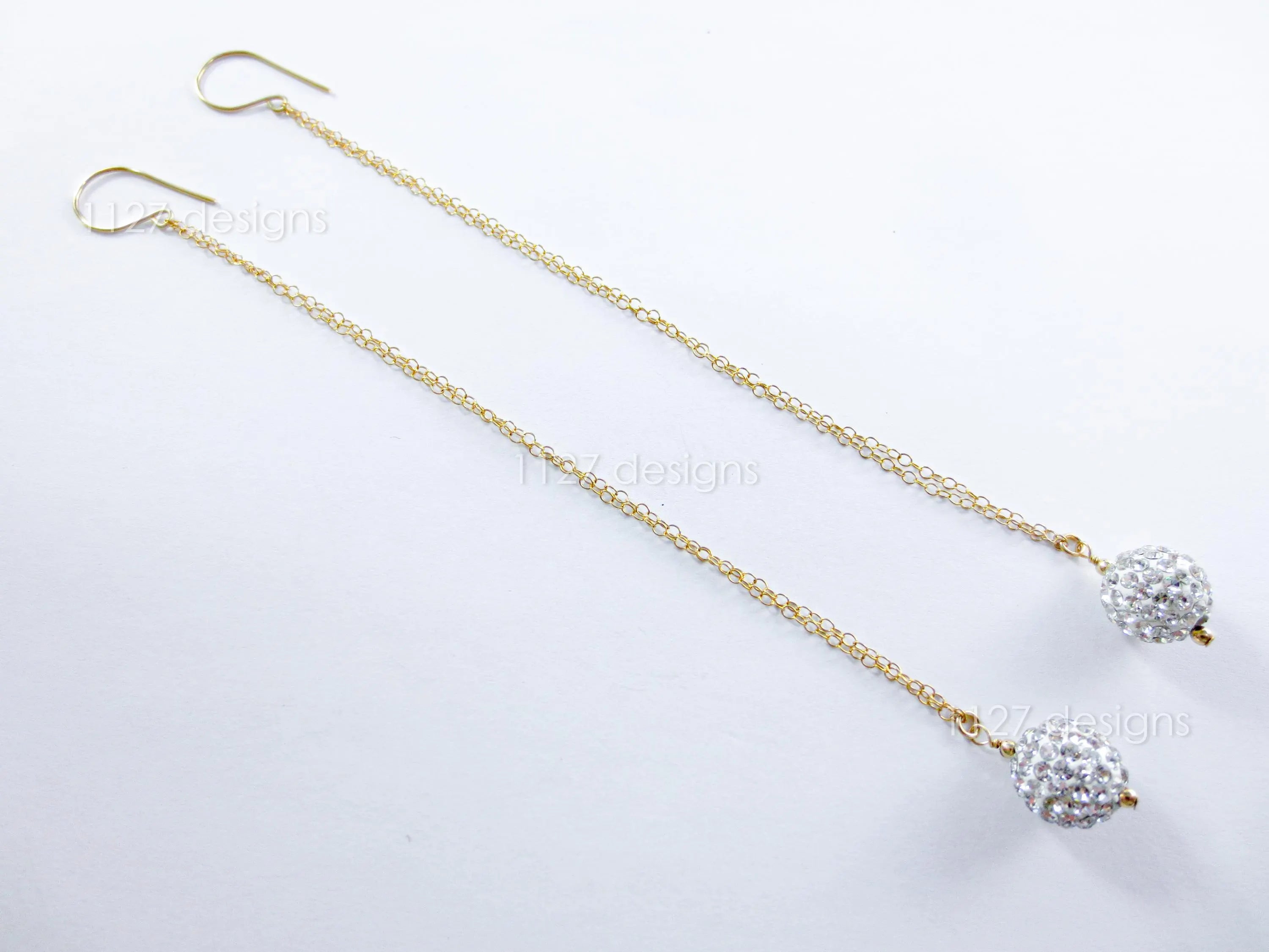 14K Gold Filled Extra Long Earrings • 5.5" Double Chain • Pave Crystal Ball Dangle • 1127 Designs