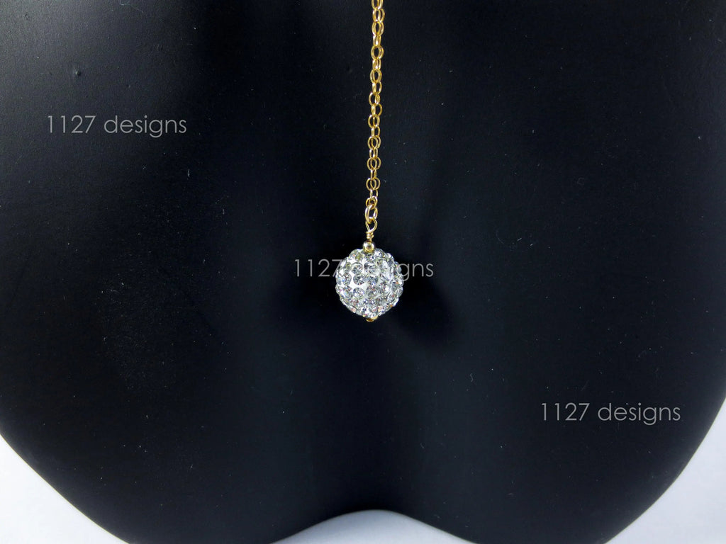 14K Gold Filled Extra Long Earrings • 5.5" Double Chain • Pave Crystal Ball Dangle • 1127 Designs