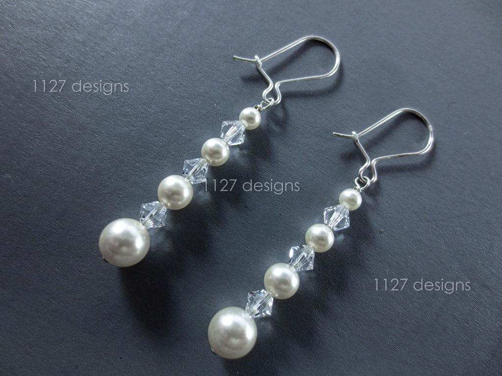 Elegant Long Pearl Drop Earrings • Handmade 925 Sterling Silver 6cm Dangle • Swarovski Crystal & Ivory Pearl • 1127 Designs