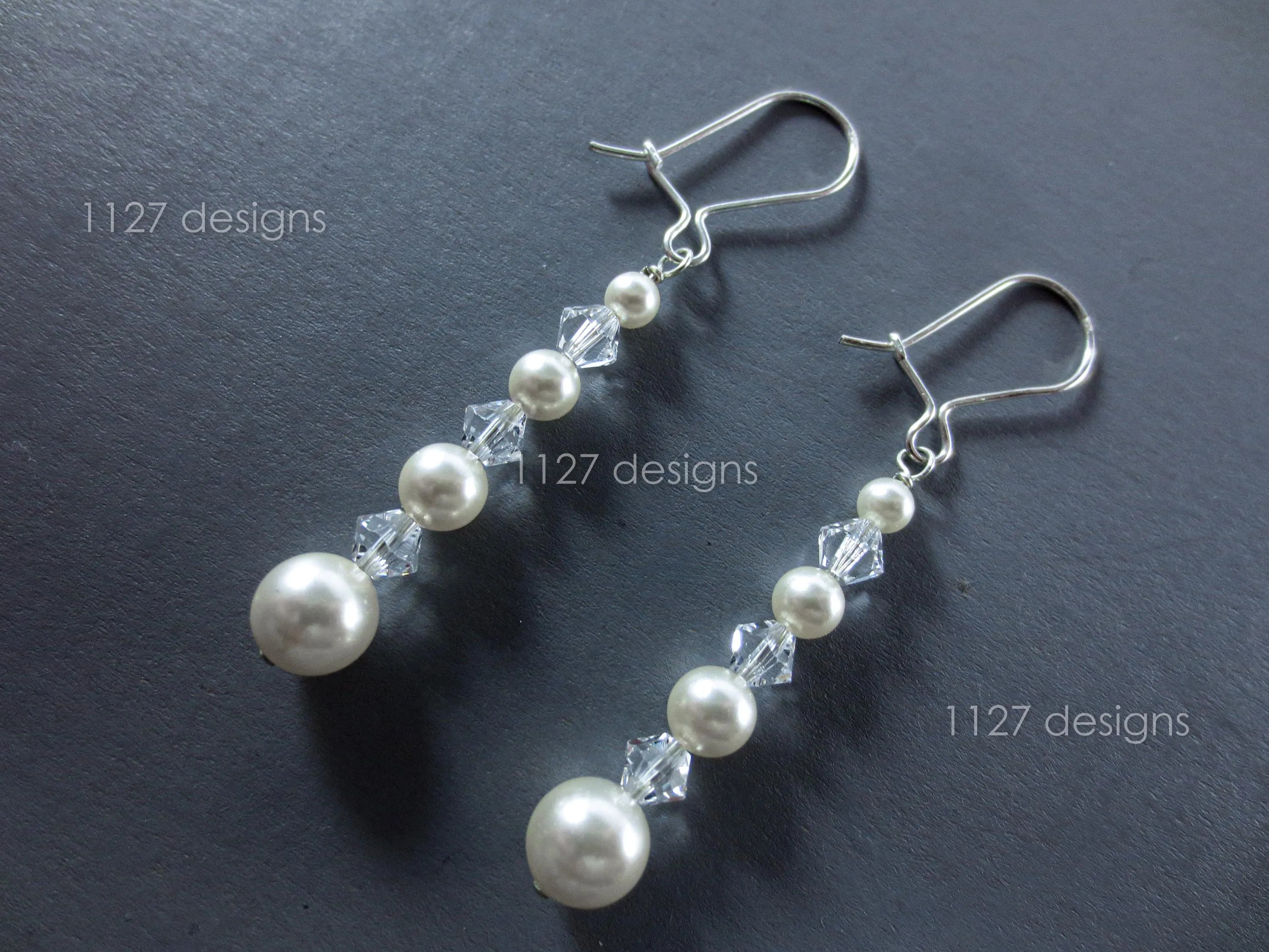 Elegant Long Pearl Drop Earrings • Handmade 925 Sterling Silver 6cm Dangle • Swarovski Crystal & Ivory Pearl • 1127 Designs