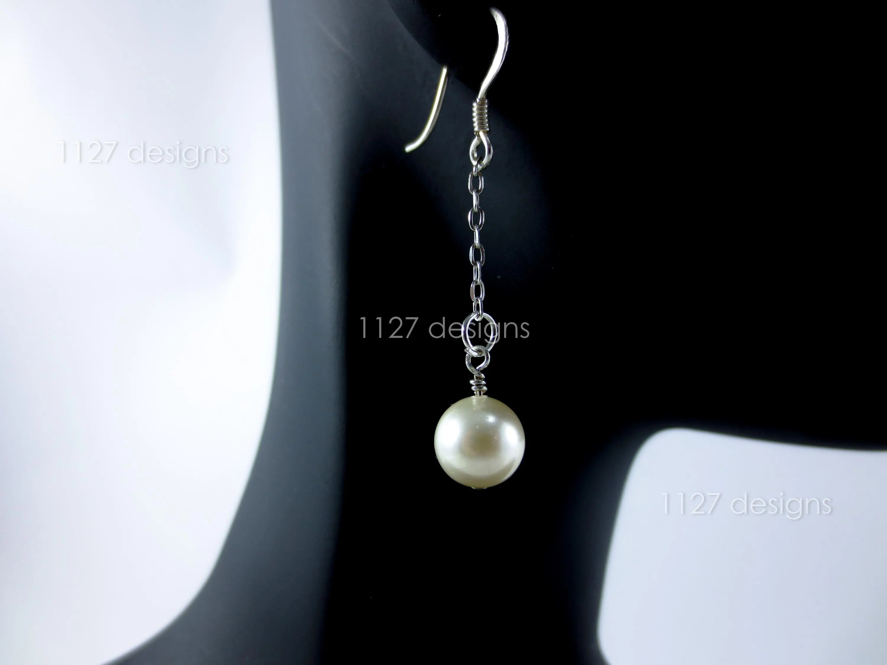 Swarovski Pearl Drop Earrings • 925 Sterling Silver Chain • 8mm Ivory White Pearl • Wire-Wrapped • 1127 Designs