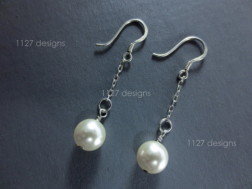 Swarovski Pearl Drop Earrings • 925 Sterling Silver Chain • 8mm Ivory White Pearl • Wire-Wrapped • 1127 Designs