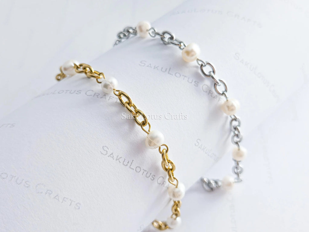 Natural Freshwater Pearl Bracelet • 6" Chunky Stainless Steel Chain • 18K Gold or Silver Finish • Adjustable Extender