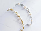Natural Freshwater Pearl Bracelet • 6" Chunky Stainless Steel Chain • 18K Gold or Silver Finish • Adjustable Extender