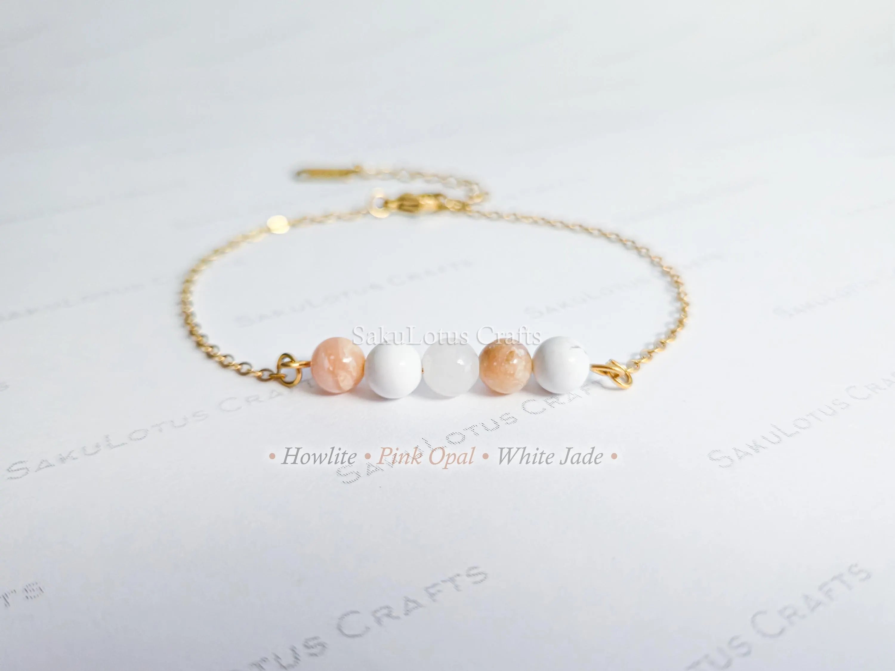 Dainty 5 Stone Natural Gemstone Bracelet • 6mm Beads • Stainless Steel Chain • Silver or 18K Gold • 7.5" + Extender