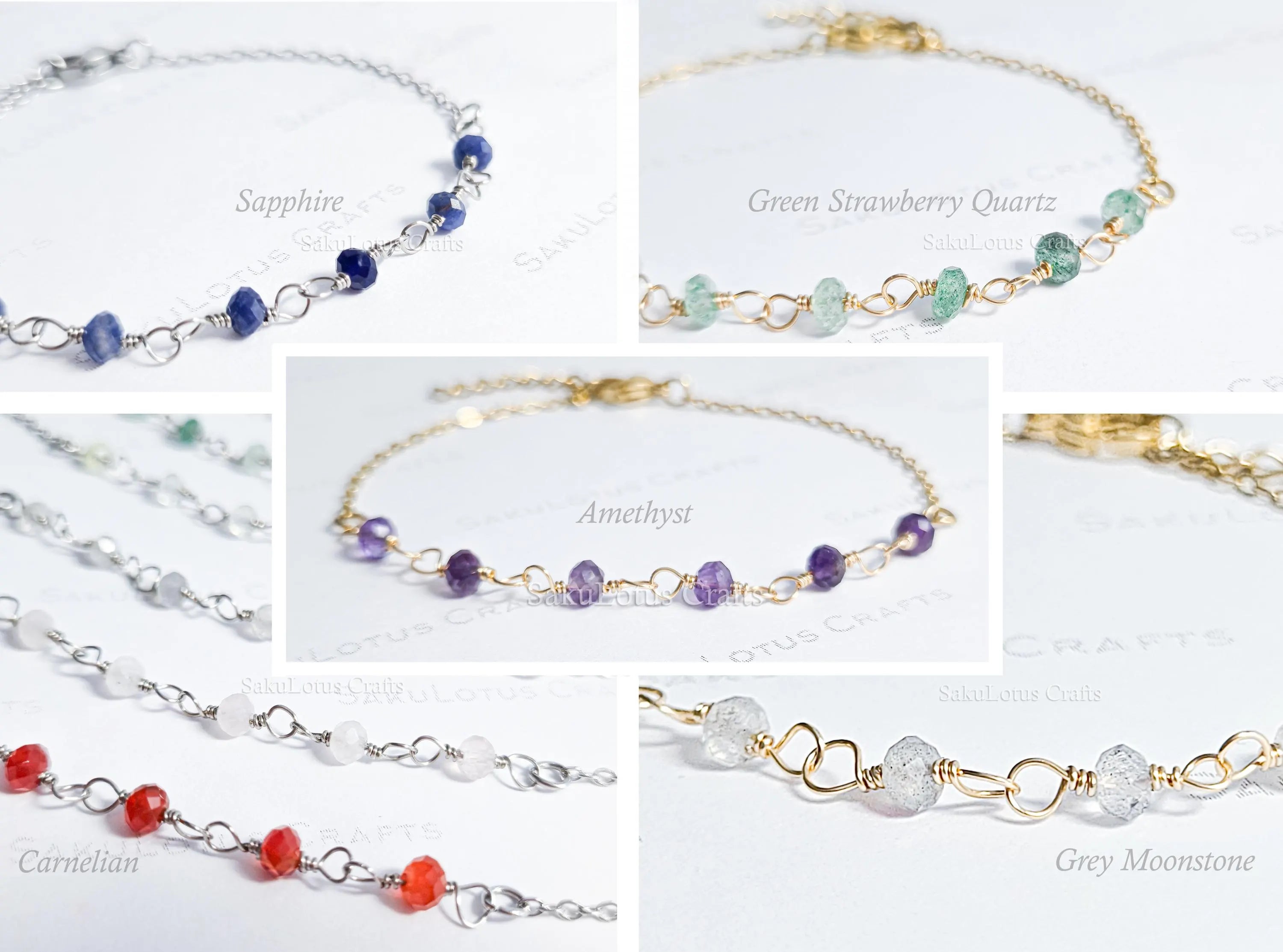 Dainty 3mm Natural Gemstone Bracelet • 18K Gold or Silver Stainless Steel • Wire Wrapped • 6.75" + 1" Extender