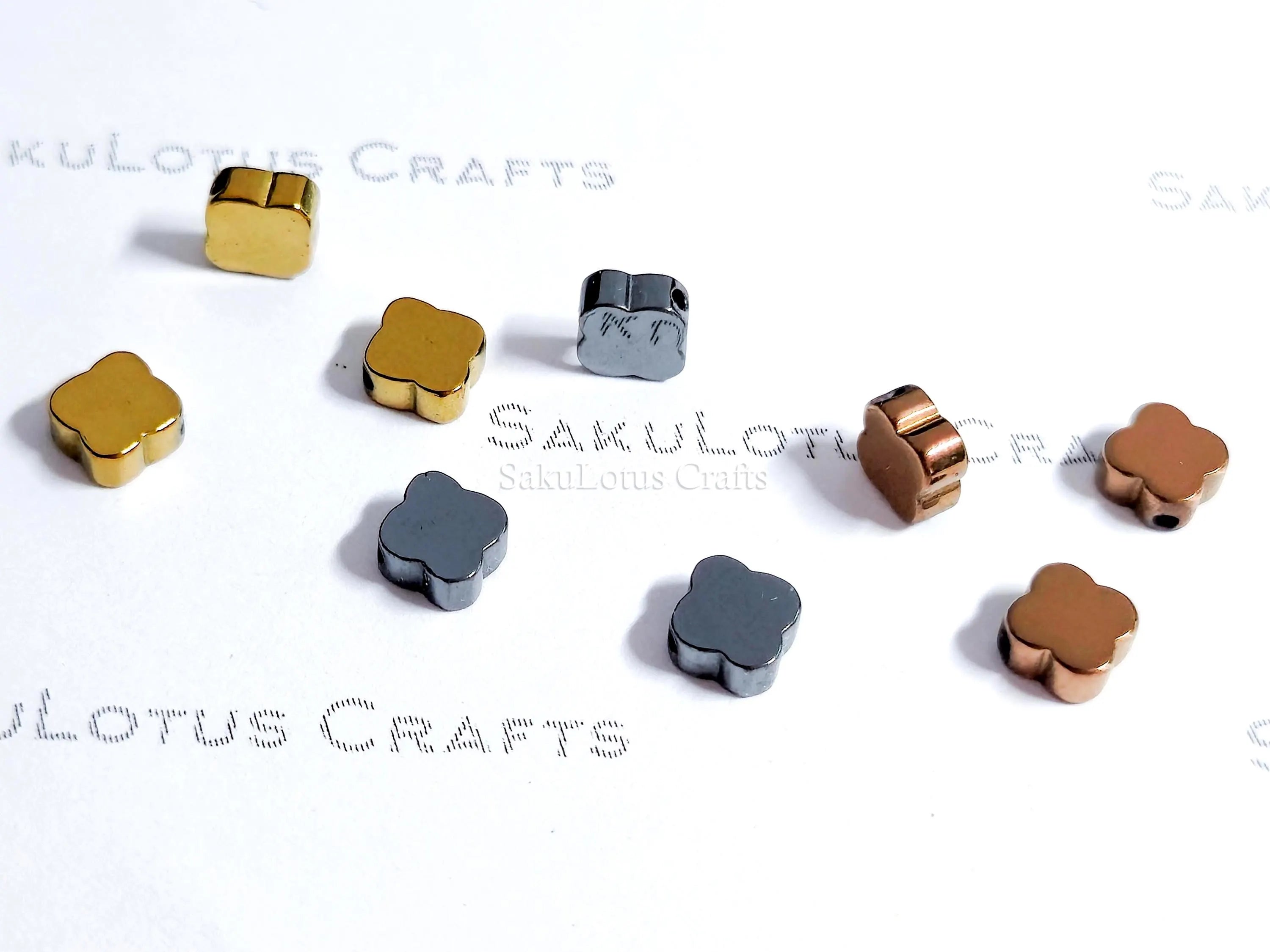 Hematite Clover Spacer Beads • Flat 3D Shape • 6mm 8mm • Gold Rose Bronze Gunmetal Black • Jewelry Making Supplies
