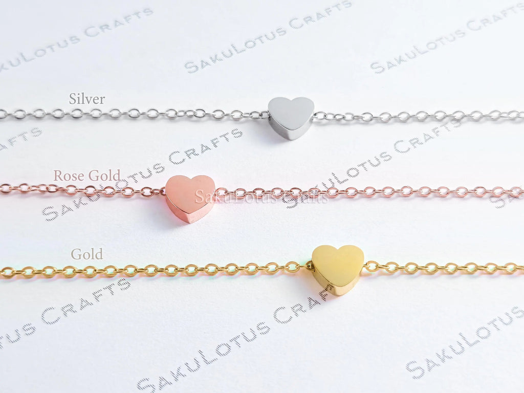 Heart Chain Bracelet or Necklace • Gold Silver Rose Stainless Steel • 3D Puffed Heart • Adjustable Length