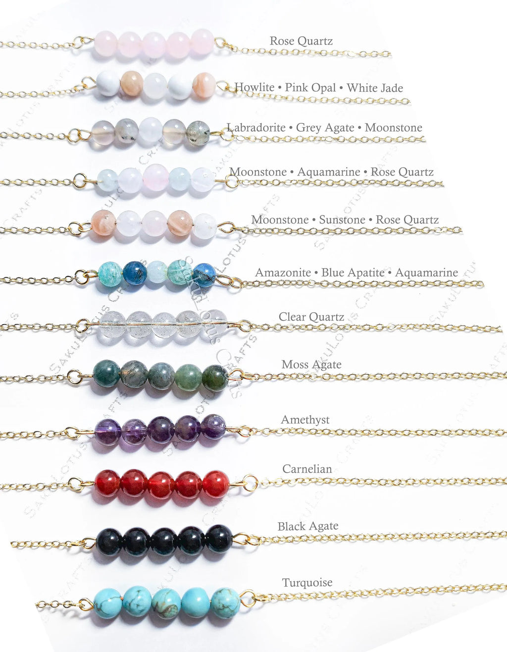 Dainty 5 Stone Natural Gemstone Bracelet • 6mm Beads • Stainless Steel Chain • Silver or 18K Gold • 7.5" + Extender