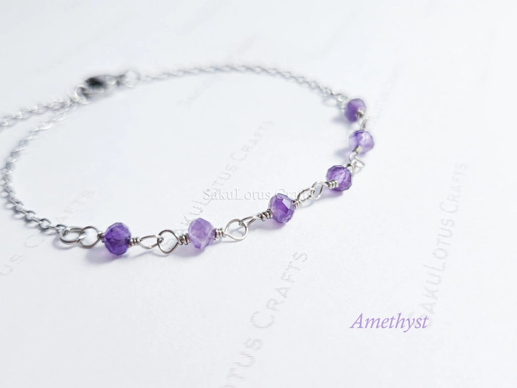 Dainty 3mm Natural Gemstone Bracelet • 18K Gold or Silver Stainless Steel • Wire Wrapped • 6.75" + 1" Extender