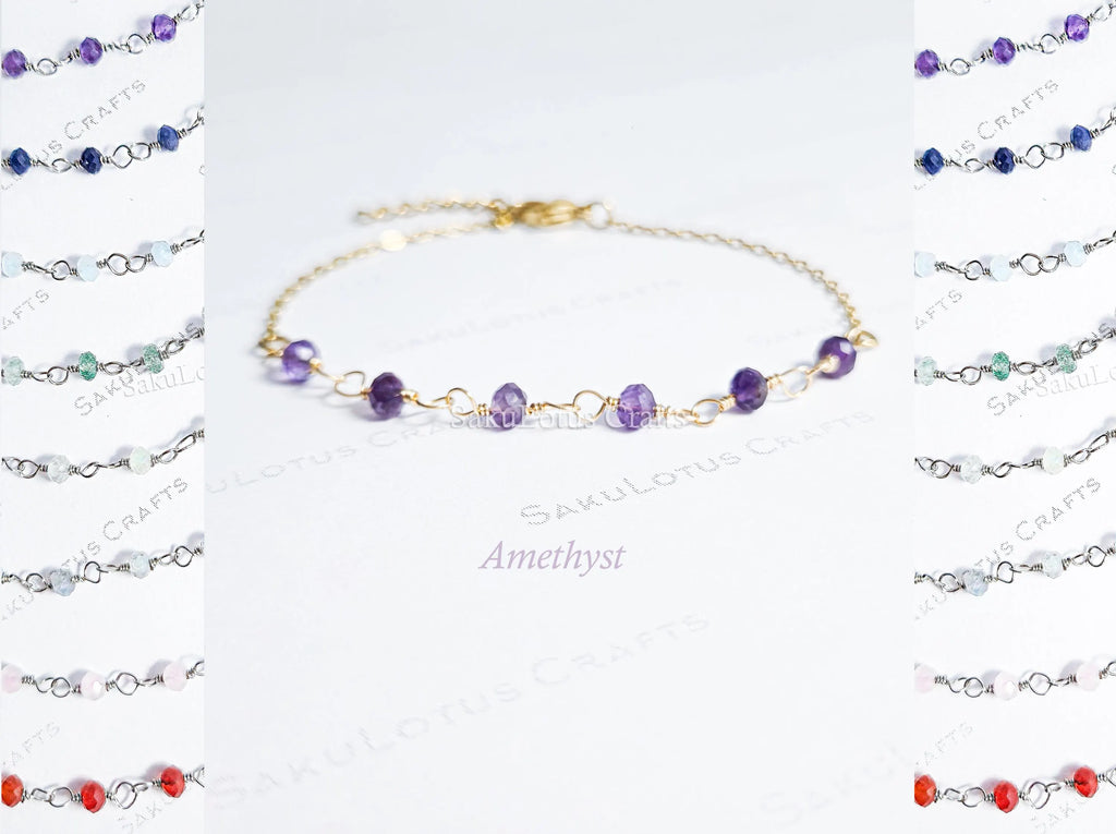 Dainty 3mm Natural Gemstone Bracelet • 18K Gold or Silver Stainless Steel • Wire Wrapped • 6.75" + 1" Extender