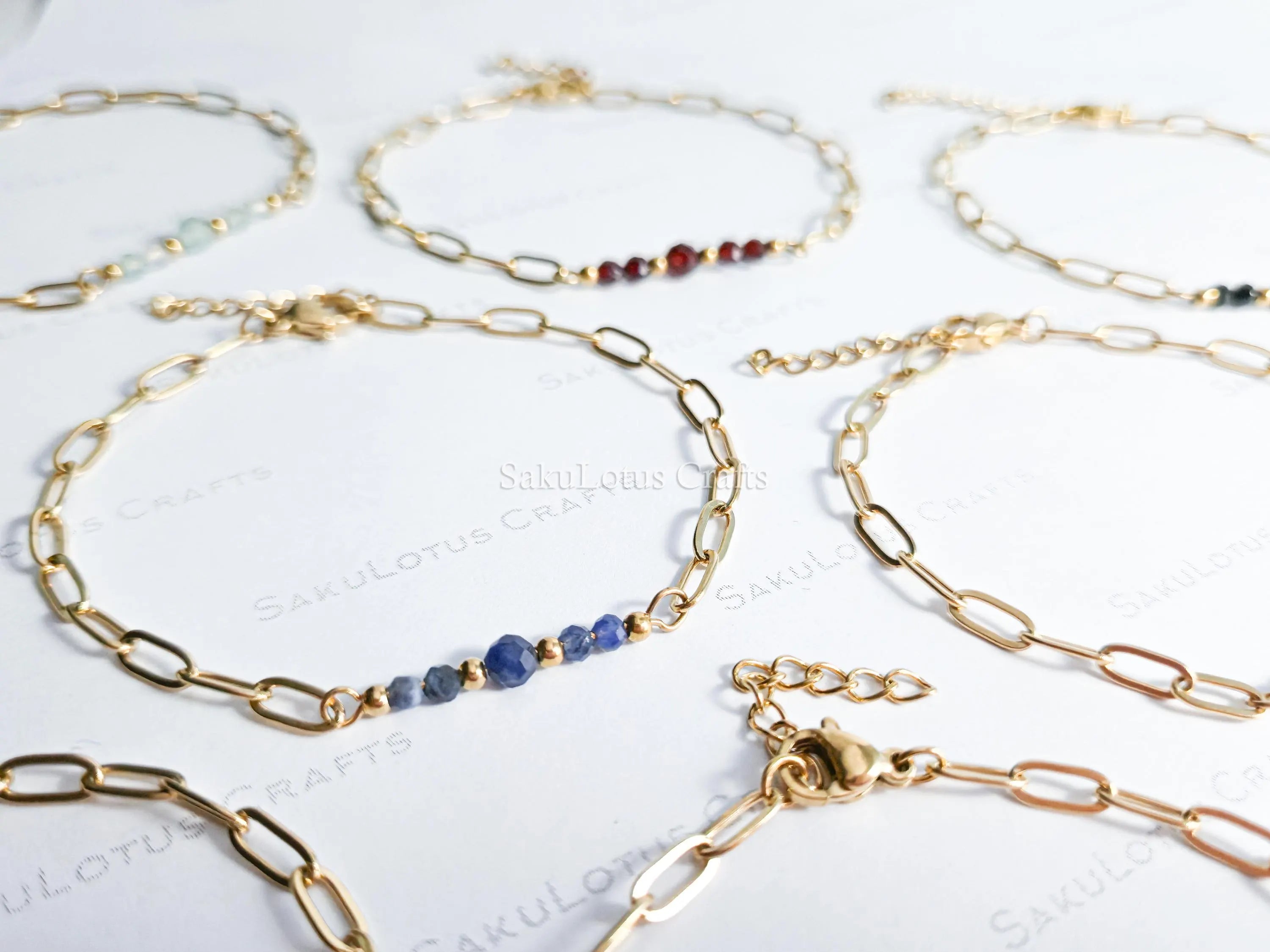 Dainty Paperclip Chain Natural Gemstone Bracelet • 7" + 1" Extender • Stainless Steel Gold or Silver • 10 Stone Options