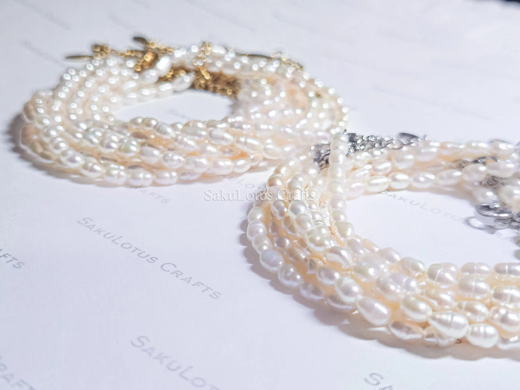 Natural Genuine Freshwater 3mm White Rice Pearl Necklace Bracelet Stainless Steel 18k Gold Rose Gold Lobster Clasp Extender