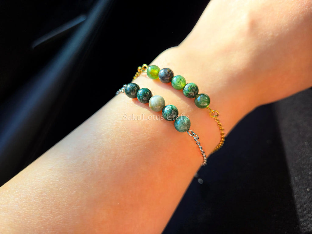 Dainty 5 Stone Natural Gemstone Bracelet • 6mm Beads • Stainless Steel Chain • Silver or 18K Gold • 7.5" + Extender