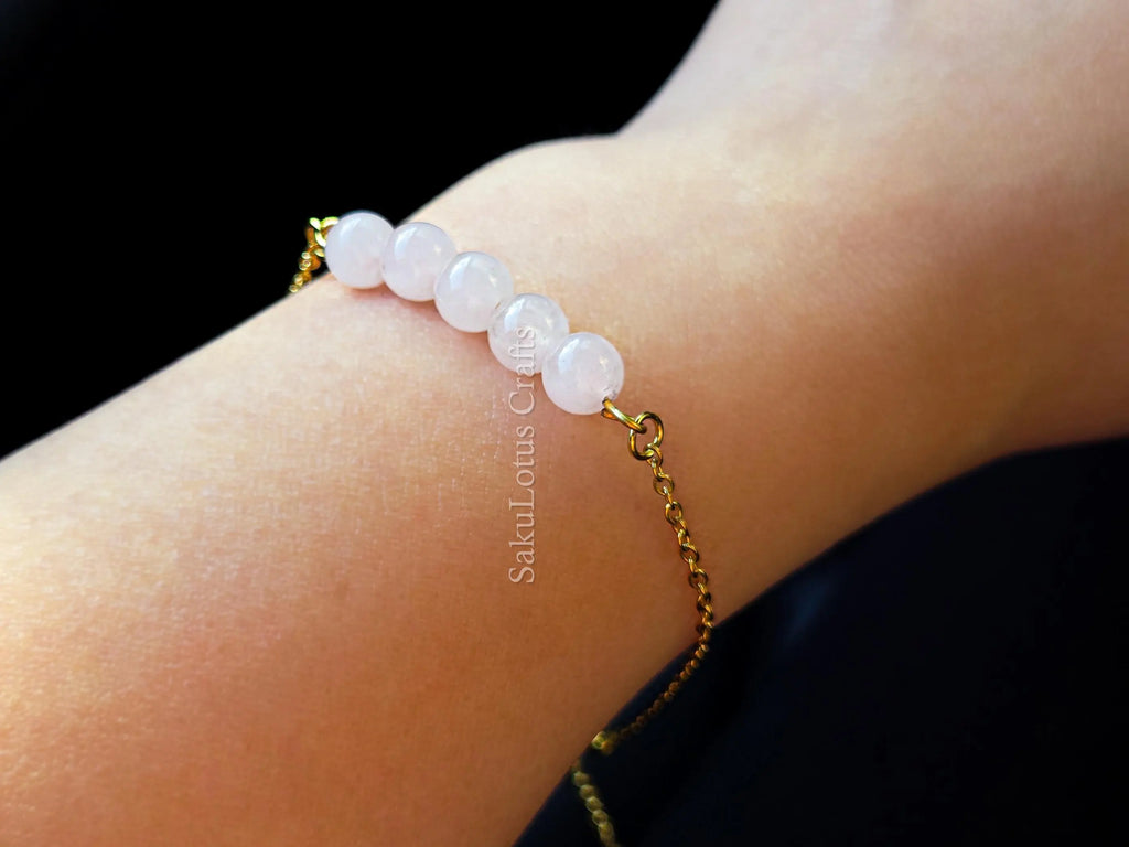 Dainty 5 Stone Natural Gemstone Bracelet • 6mm Beads • Stainless Steel Chain • Silver or 18K Gold • 7.5" + Extender