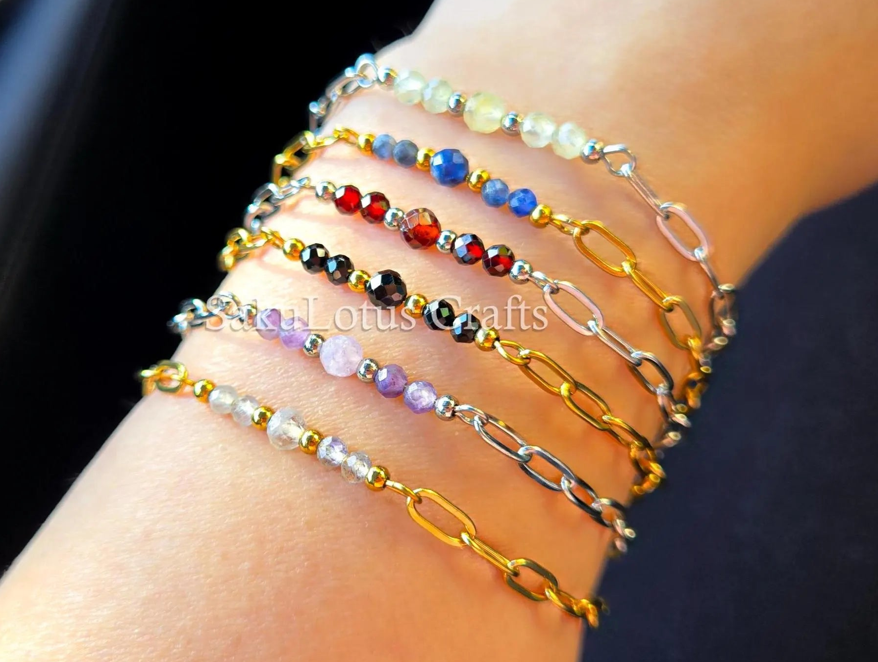 Dainty Paperclip Chain Natural Gemstone Bracelet • 7" + 1" Extender • Stainless Steel Gold or Silver • 10 Stone Options