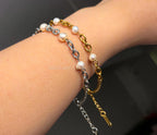 Natural Freshwater Pearl Bracelet • 6" Chunky Stainless Steel Chain • 18K Gold or Silver Finish • Adjustable Extender