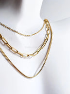 3 Layer Necklace • 18K Gold Stainless Steel • Paperclip Box Cable Chains • 16" 18" 20" + 2" Extender