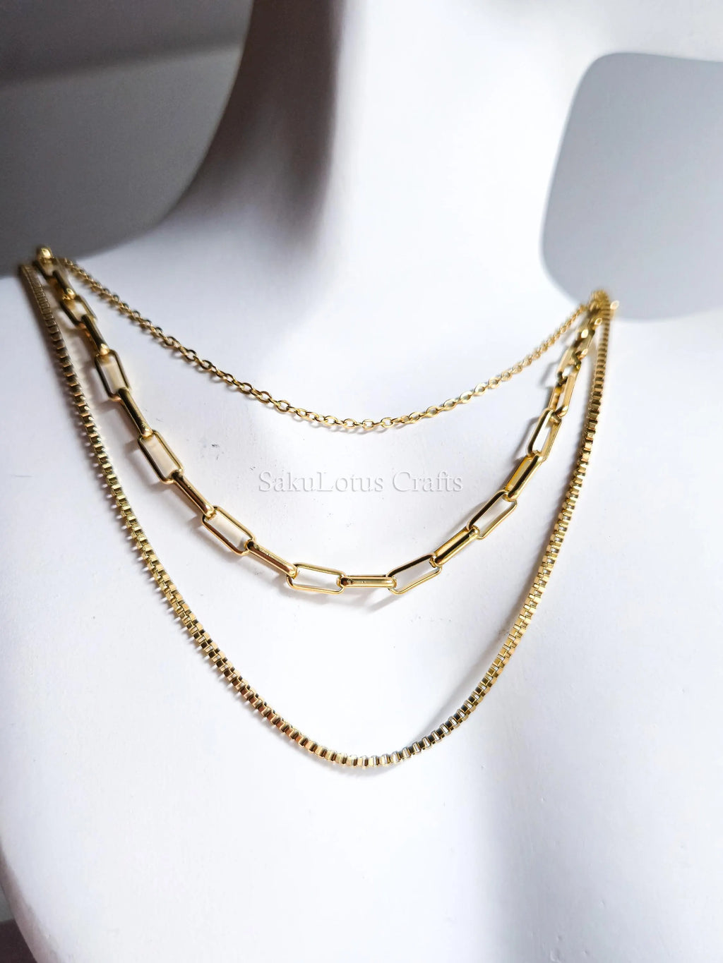 3 Layer Necklace • 18K Gold Stainless Steel • Paperclip Box Cable Chains • 16" 18" 20" + 2" Extender