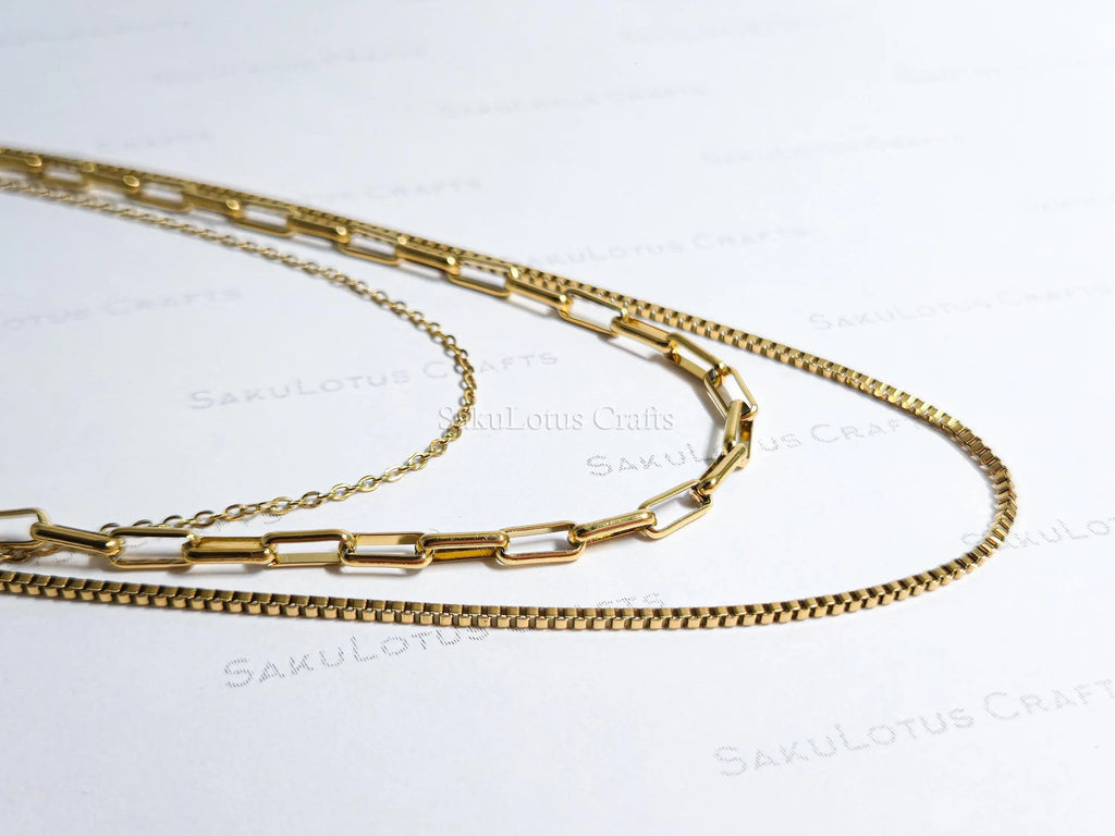3 Layer Necklace • 18K Gold Stainless Steel • Paperclip Box Cable Chains • 16" 18" 20" + 2" Extender