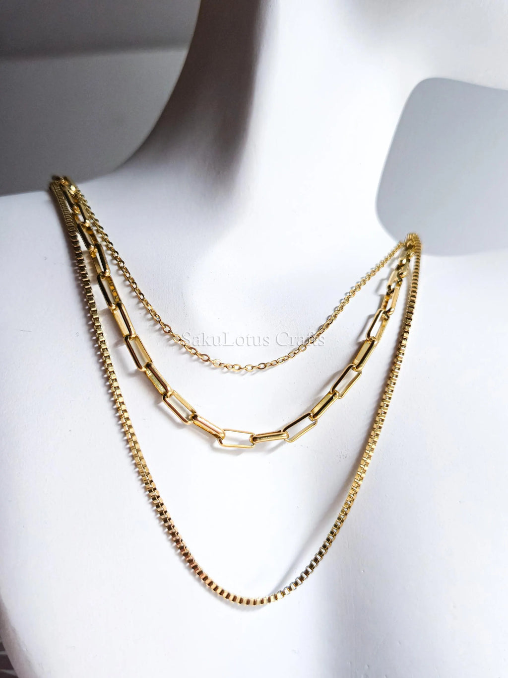 3 Layer Necklace • 18K Gold Stainless Steel • Paperclip Box Cable Chains • 16" 18" 20" + 2" Extender