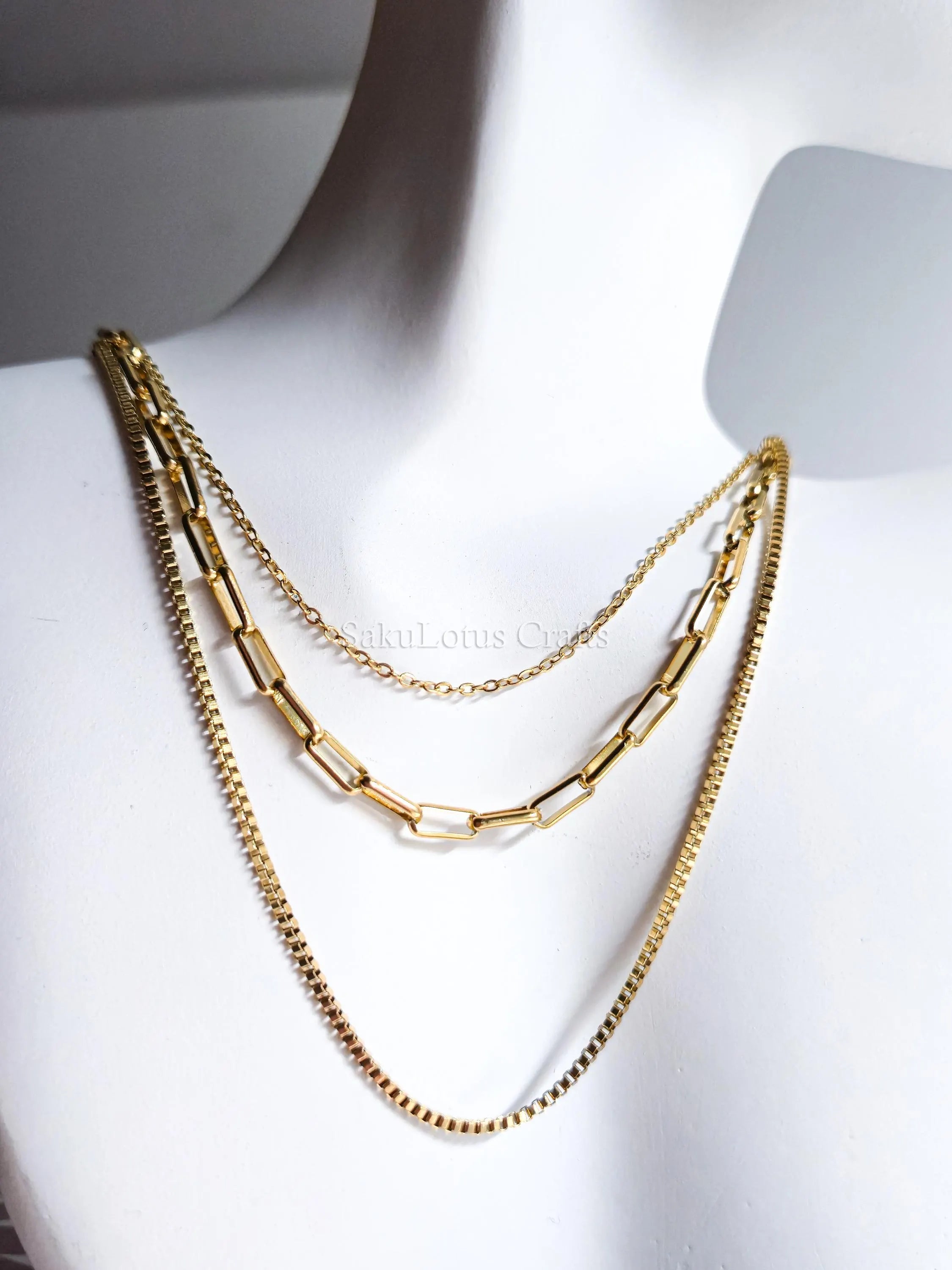 3 Layer Necklace • 18K Gold Stainless Steel • Paperclip Box Cable Chains • 16" 18" 20" + 2" Extender