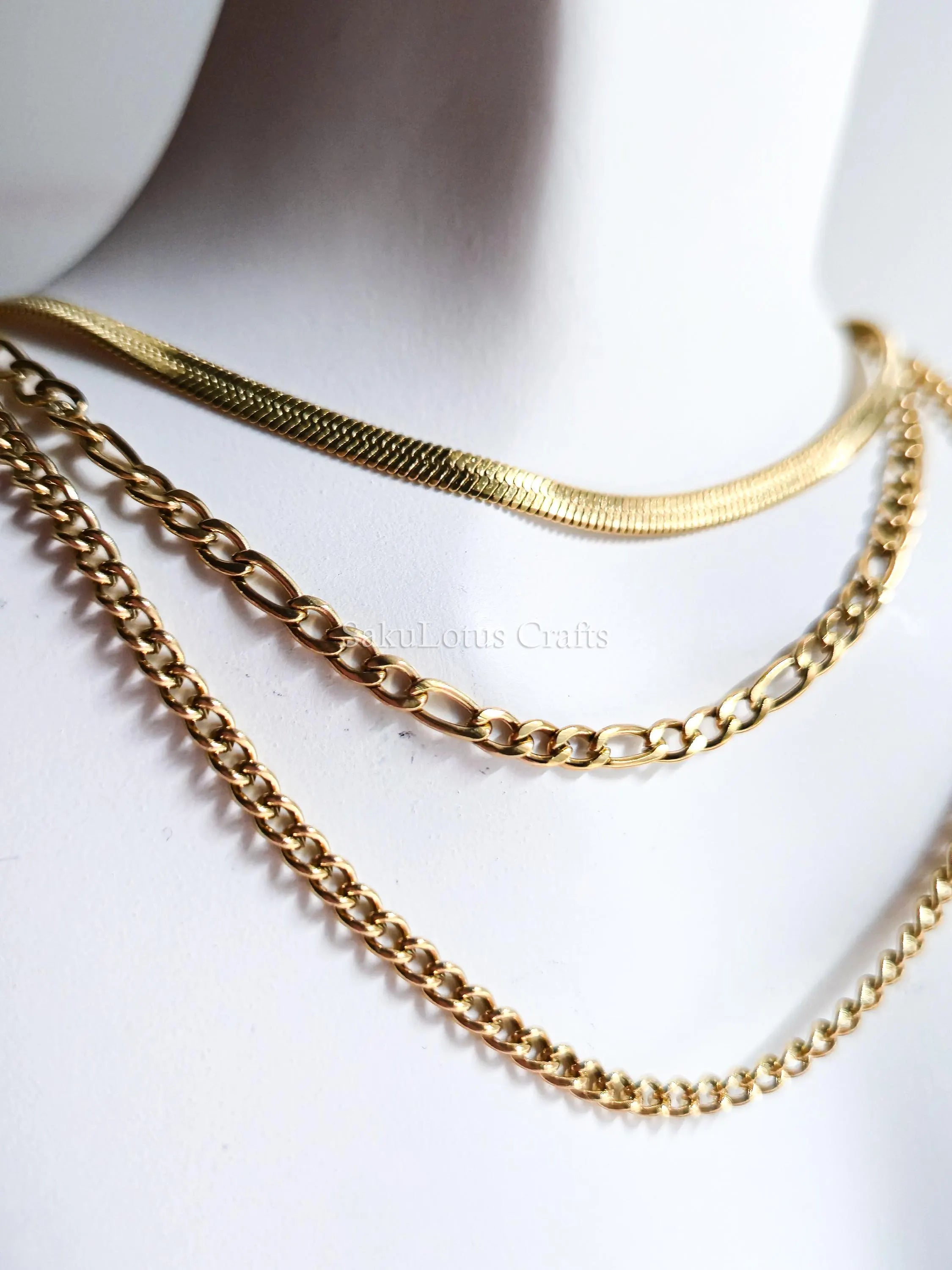 Waterproof 3 Layer Necklace • 18K Gold Stainless Steel • Herringbone Figaro Curb Triple Chain Trio • 13" 16" 18" + 2" Extender