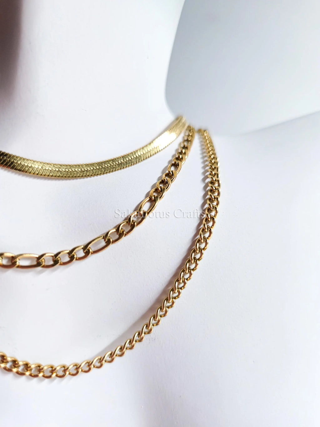 Waterproof 3 Layer Necklace • 18K Gold Stainless Steel • Herringbone Figaro Curb Triple Chain Trio • 13" 16" 18" + 2" Extender