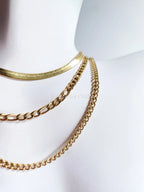 Waterproof 3 Layer Necklace • 18K Gold Stainless Steel • Herringbone Figaro Curb Triple Chain Trio • 13" 16" 18" + 2" Extender