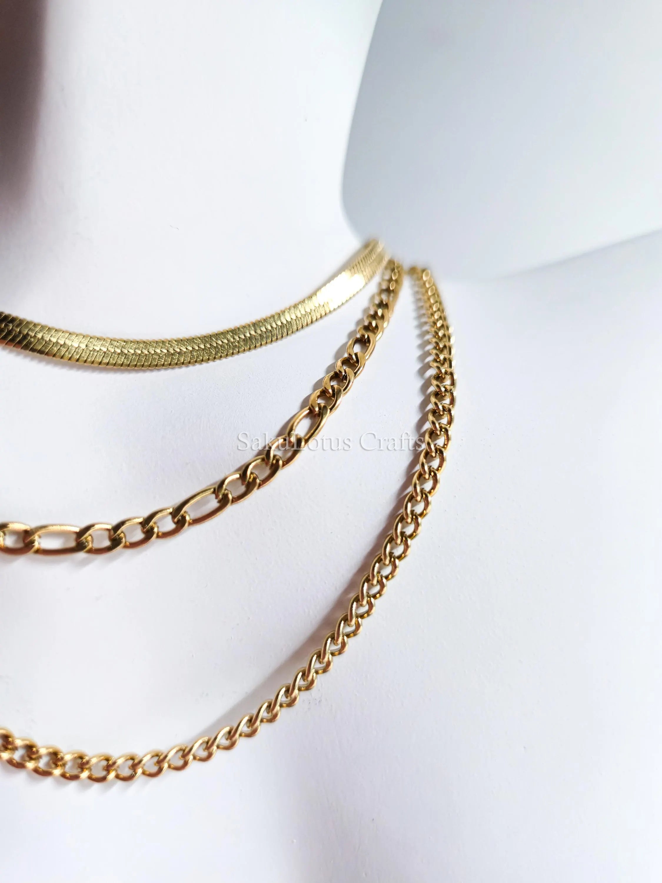 Waterproof 3 Layer Necklace • 18K Gold Stainless Steel • Herringbone Figaro Curb Triple Chain Trio • 13" 16" 18" + 2" Extender