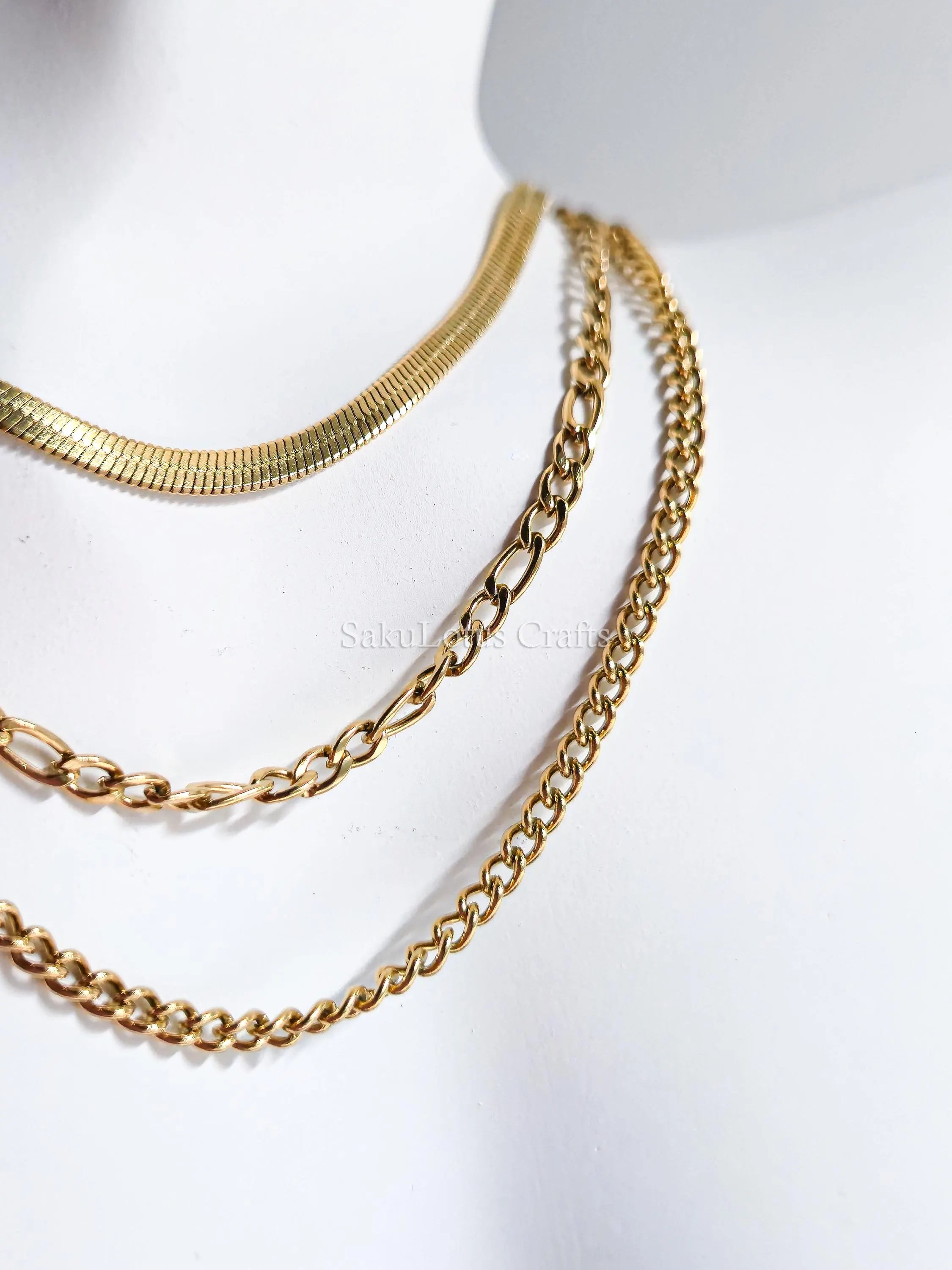 Waterproof 3 Layer Necklace • 18K Gold Stainless Steel • Herringbone Figaro Curb Triple Chain Trio • 13" 16" 18" + 2" Extender