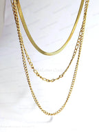 Waterproof 3 Layer Necklace • 18K Gold Stainless Steel • Herringbone Figaro Curb Triple Chain Trio • 13" 16" 18" + 2" Extender