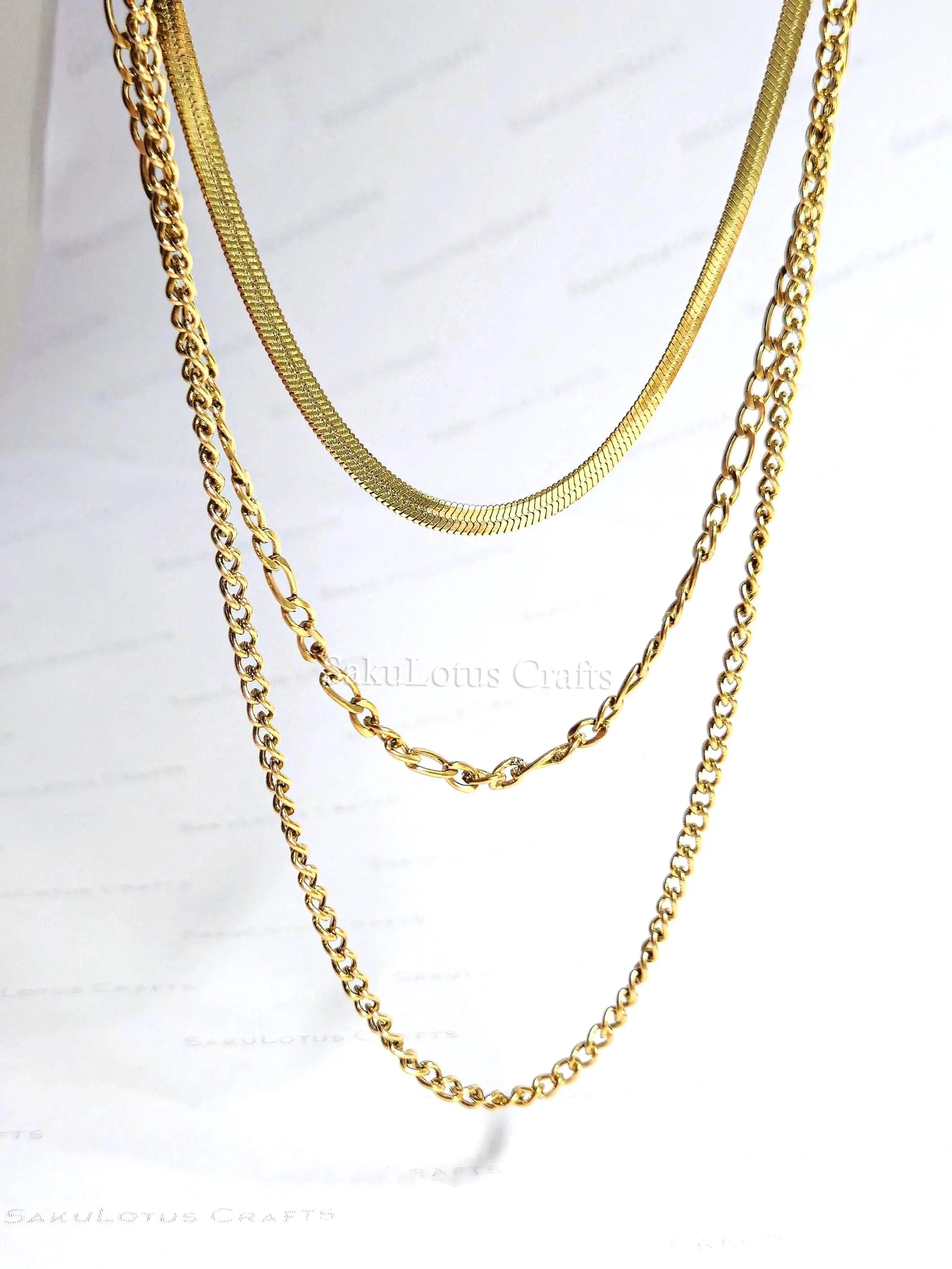 Waterproof 3 Layer Necklace • 18K Gold Stainless Steel • Herringbone Figaro Curb Triple Chain Trio • 13" 16" 18" + 2" Extender