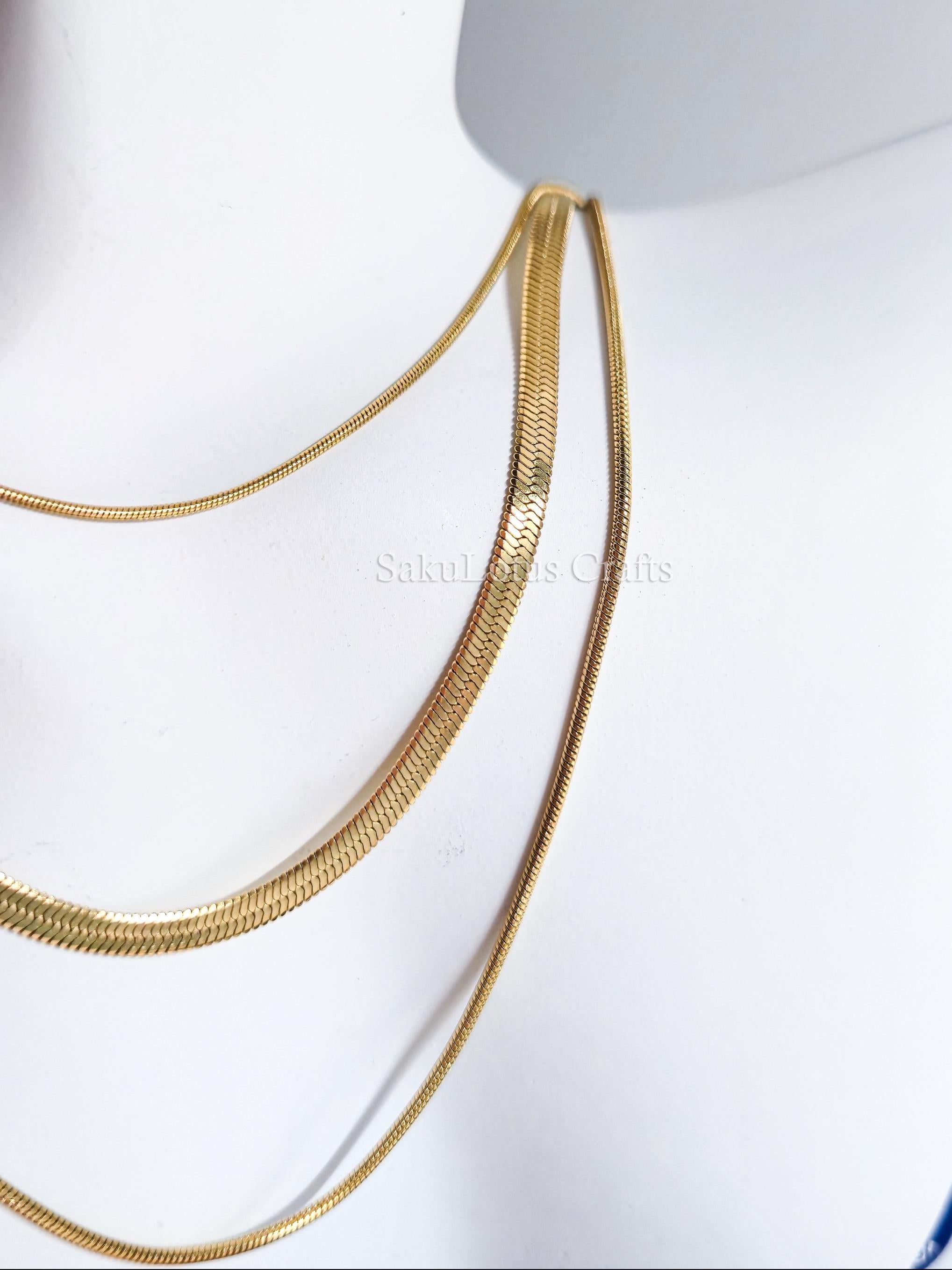 Waterproof 3-in-1 Layered Necklace • 18K Gold or Silver Stainless Steel • Snake & Herringbone Chains • 18" 20" 22" + Extender