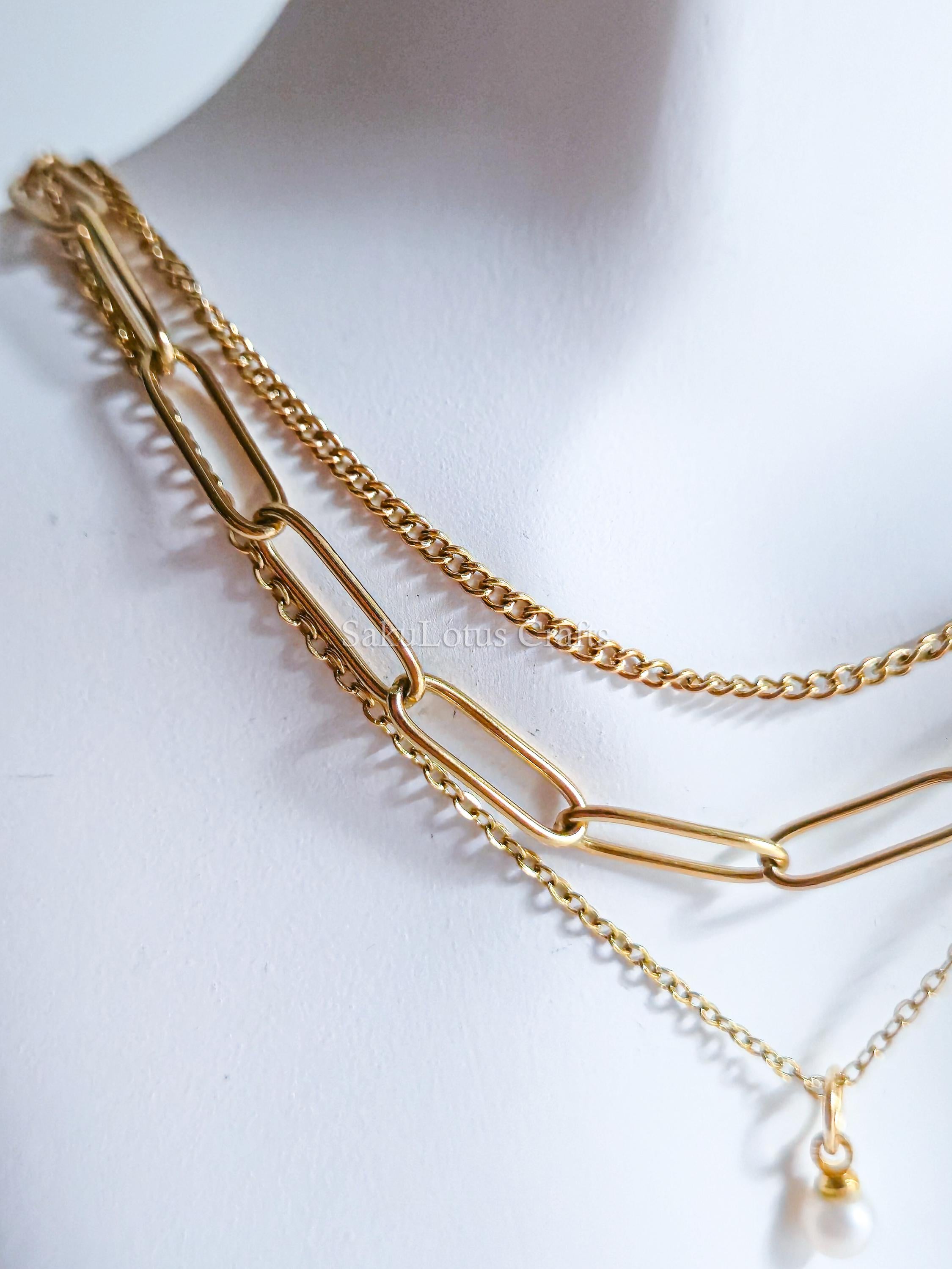3 Layer 18K Gold Stainless Steel Necklace or Bracelet Set • Paper Clip Curb & Cable Chain • White Freshwater Pearl Jewelry