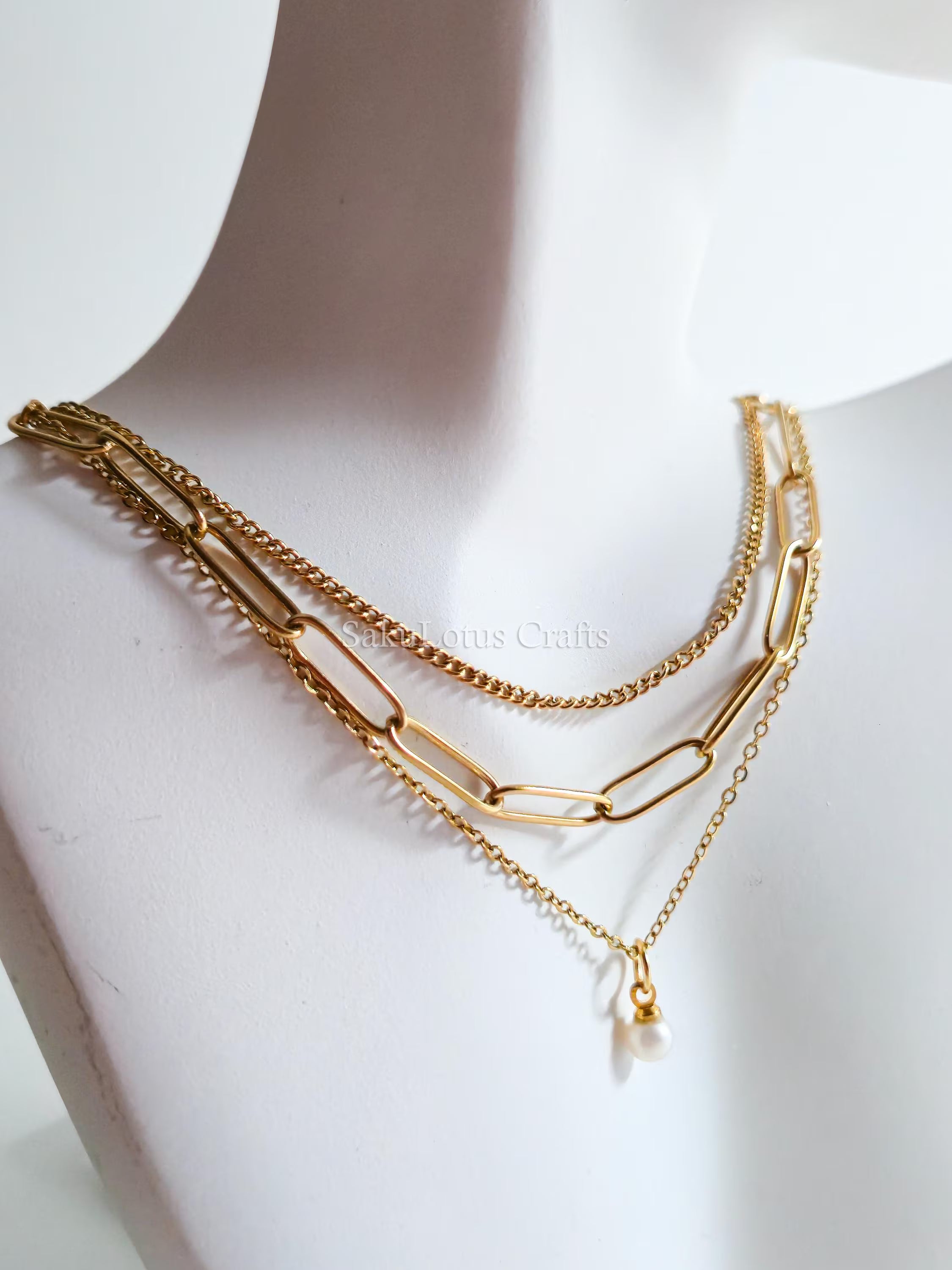 3 Layer 18K Gold Stainless Steel Necklace or Bracelet Set • Paper Clip Curb & Cable Chain • White Freshwater Pearl Jewelry