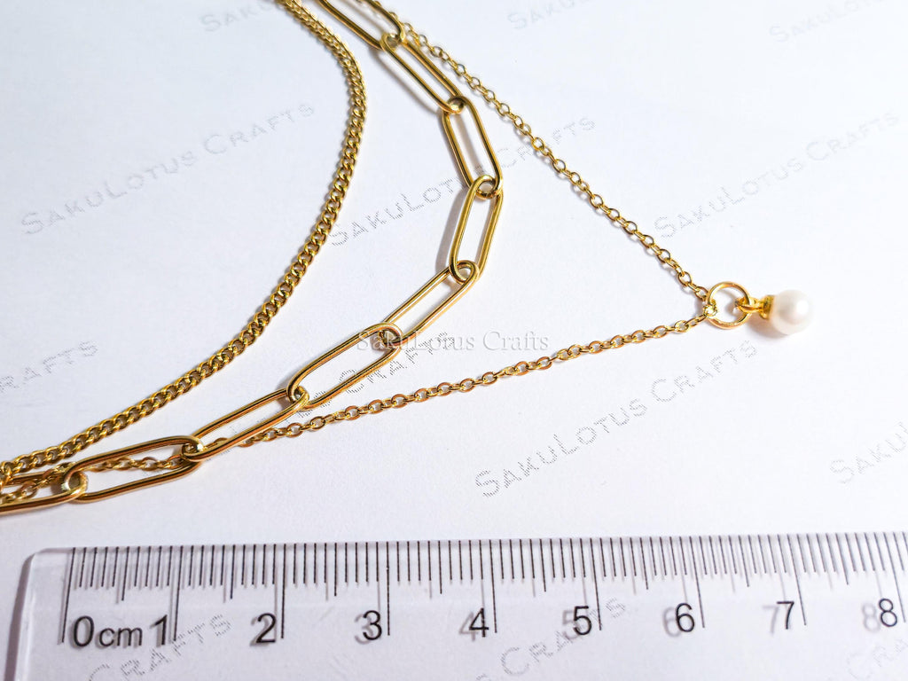 3 Layer 18K Gold Stainless Steel Necklace or Bracelet Set • Paper Clip Curb & Cable Chain • White Freshwater Pearl Jewelry