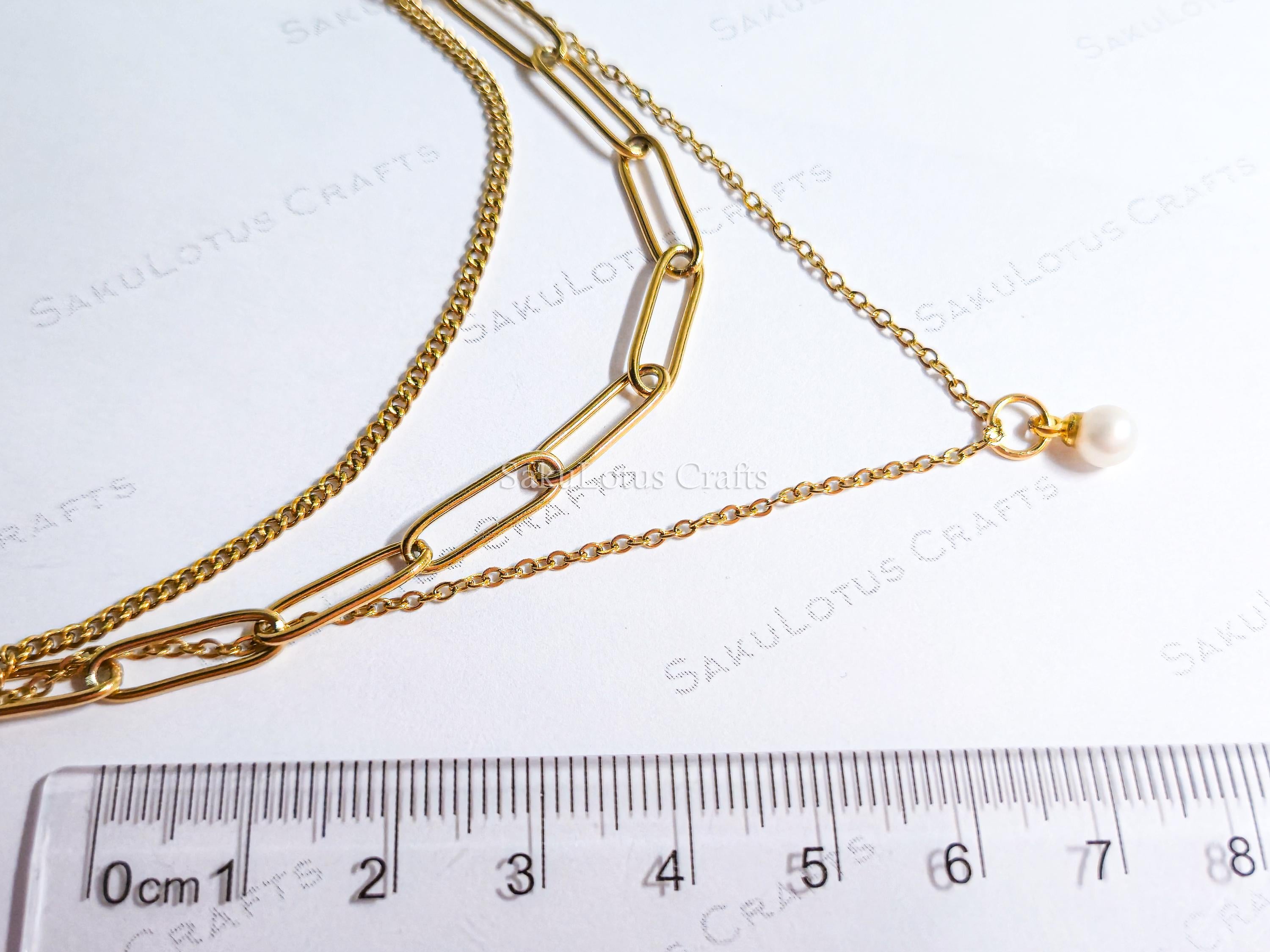 3 Layer 18K Gold Stainless Steel Necklace or Bracelet Set • Paper Clip Curb & Cable Chain • White Freshwater Pearl Jewelry
