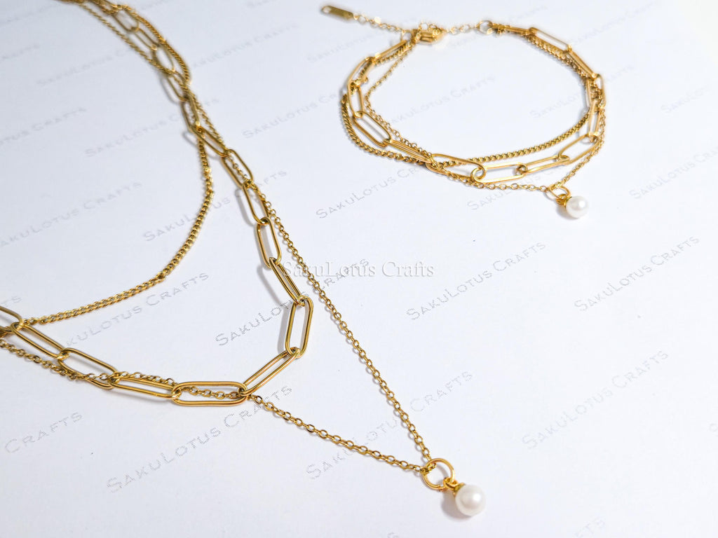 3 Layer 18K Gold Stainless Steel Necklace or Bracelet Set • Paper Clip Curb & Cable Chain • White Freshwater Pearl Jewelry